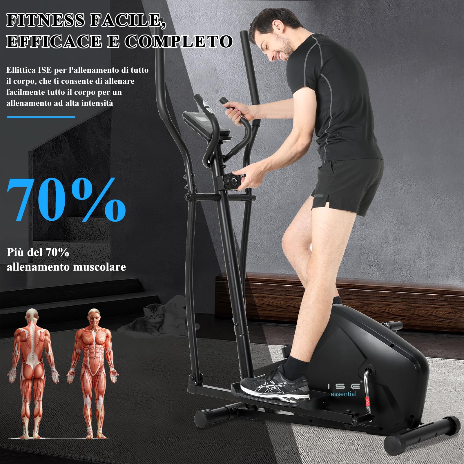 ISE Ellittica da Casa, Cyclette Ellittica Professionale con Resistenza Magnetica Schermo LCD Supporto per Smartphone