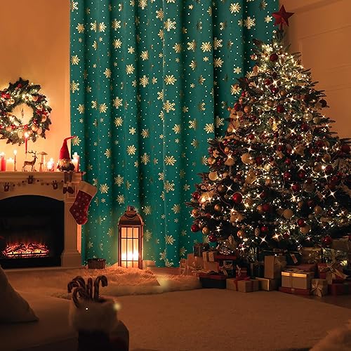 Miniatura 2 de Cortinas de Navidad con copos de nieve para sala de estar, cortinas opacas de lujo con estampado de lámina dorada, decoraciones de Navidad y