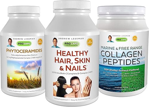 ANDREW LESSMAN Paquete de belleza de 3 productos 30 unidades de cada uno de cabello saludable, piel y uñas, fitoceramidas más péptidos de colágeno