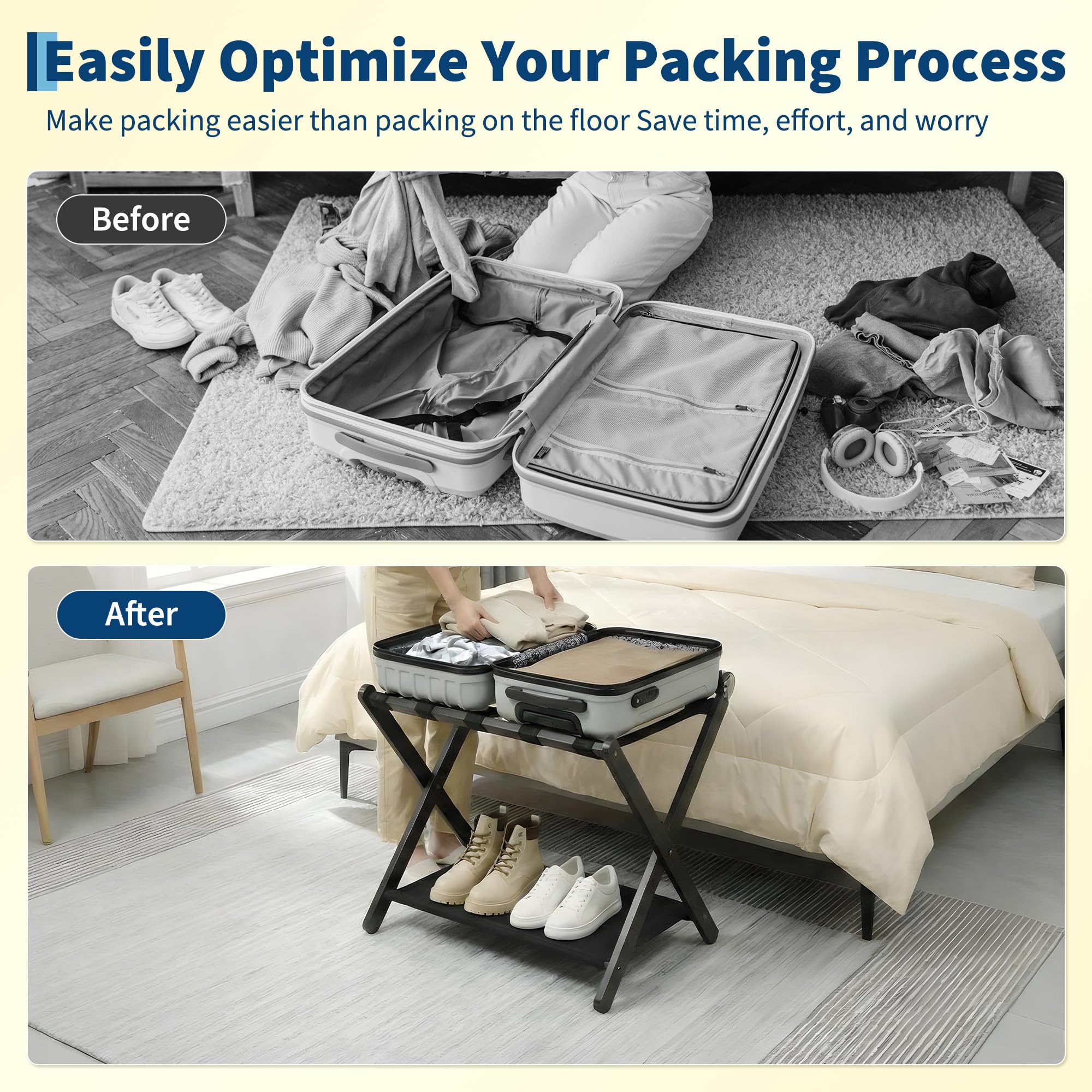 2er-Set Klappbarer Bambus Kofferständer Schwarz mit Canvas-Ablage, Platzsparender Gepäckhalter 67x47x51 cm, 2,8 kg pro Stück ideal für Hotel & Gästezimmer