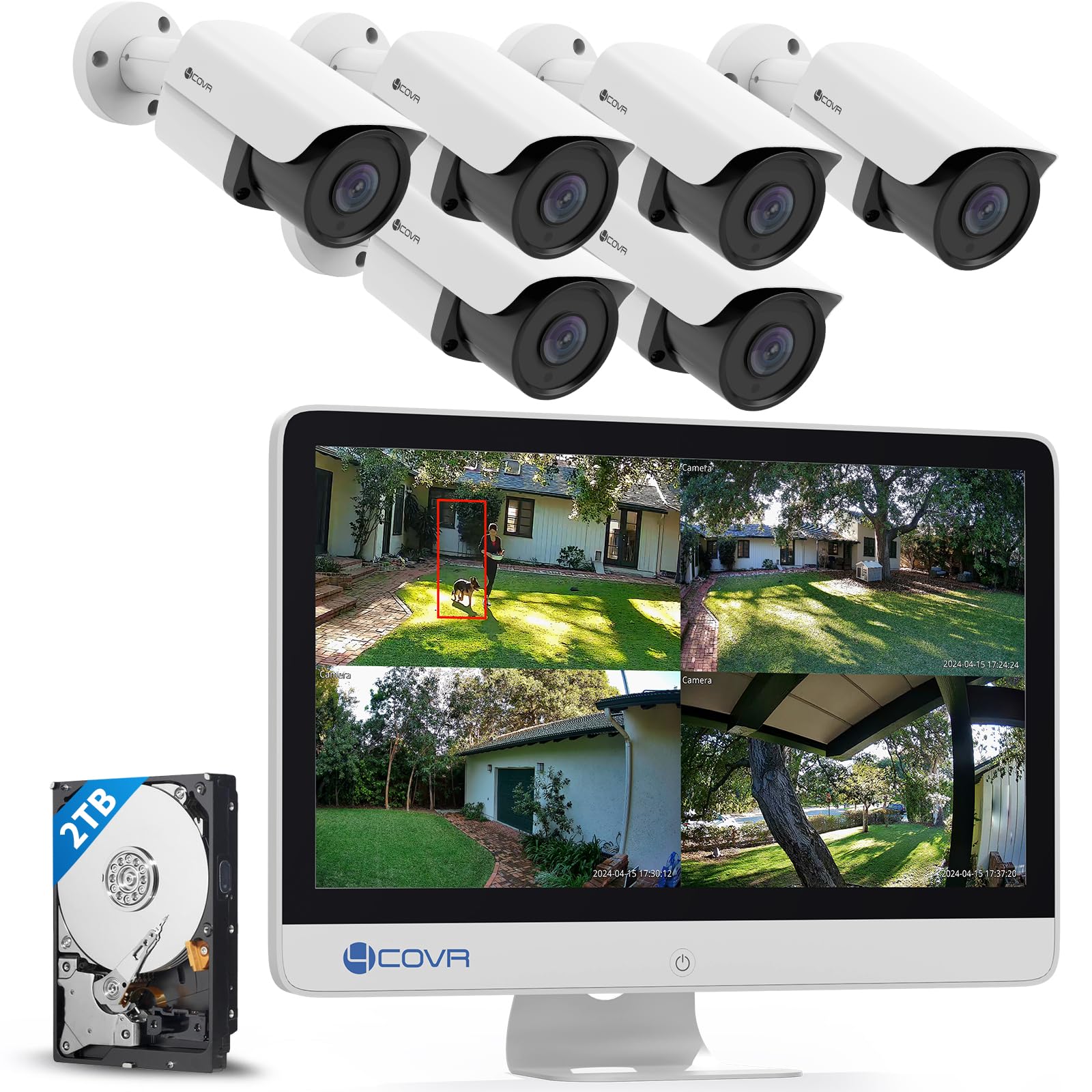 4COVR PoE Security Camera System with Monitor 4K, AI Human/Vehicle Detection, 8 Channel 8MP NVR with Monitor Pre-Installed 2TB HDD, 6Pcs 8MP Wired