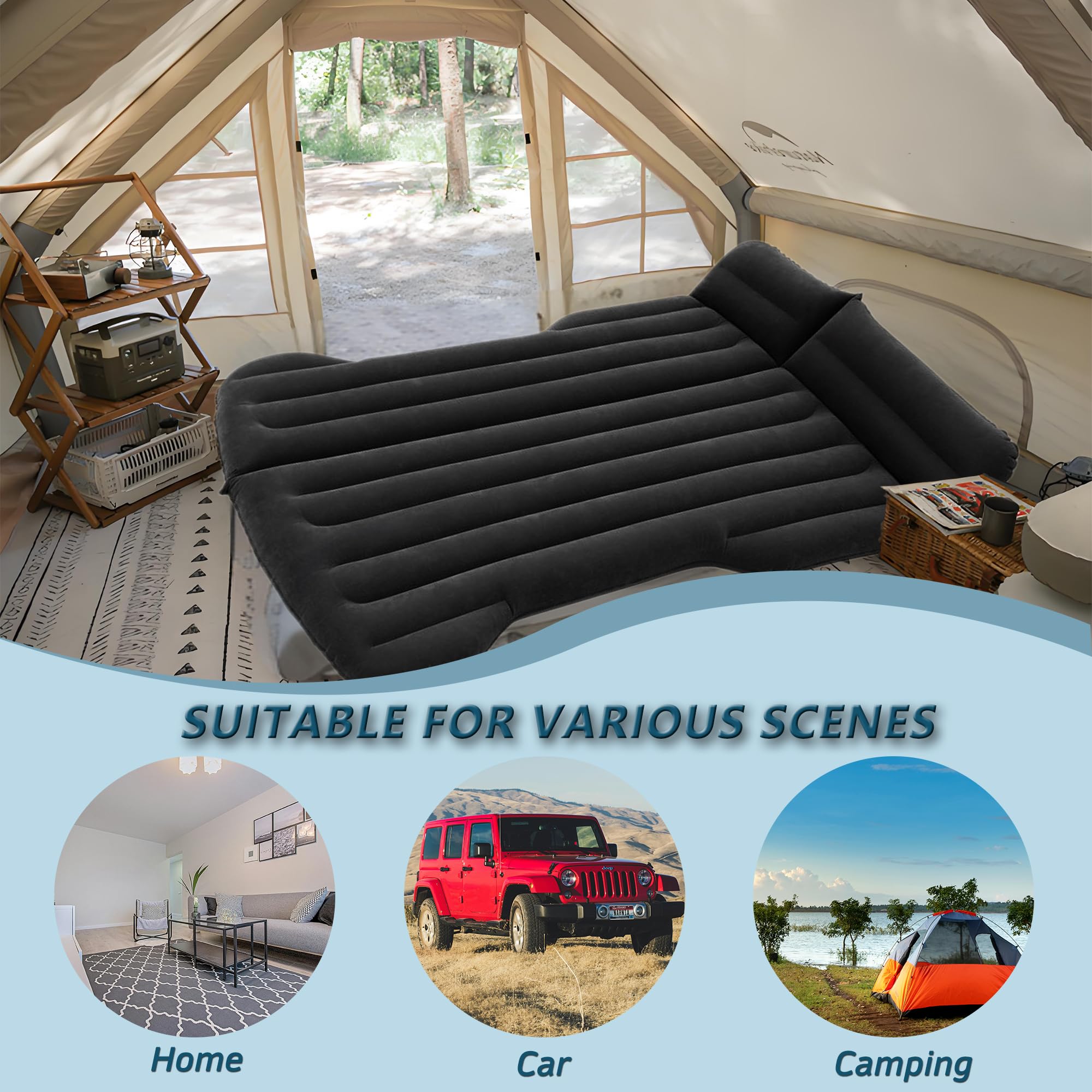 Howduoyu SUV Air Mattress, Car Air Mattress Compatible with Tesla Model Y, Camping Bed for Car Backseat, Inflatable Sleeping Pad with Pump, Truck Jeep Travel Bed for Camping Road Trip (Black)