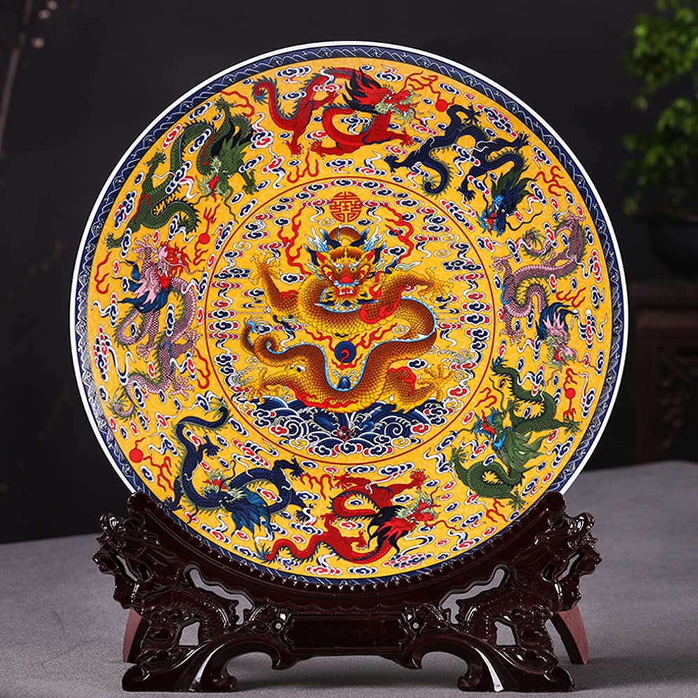 Dekorative hängende Keramikteller, dekorative Teller for Aufhängen an der Wand, dekorativer Cera 26 cm Fengshui-Keramik-Ornamentteller, China-Dekorationsteller mit neun Drachenmuster