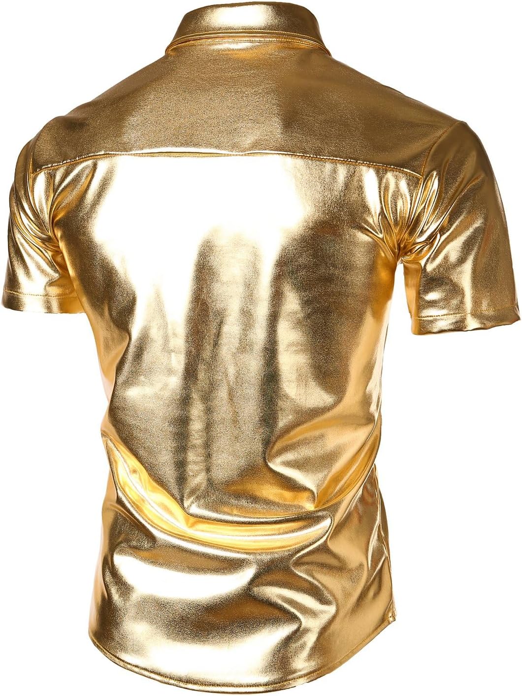 JOGAL Men's 70s Disco Shiny Metallic Gold Silver Short Sleeve Button Down Shirt - Image 2