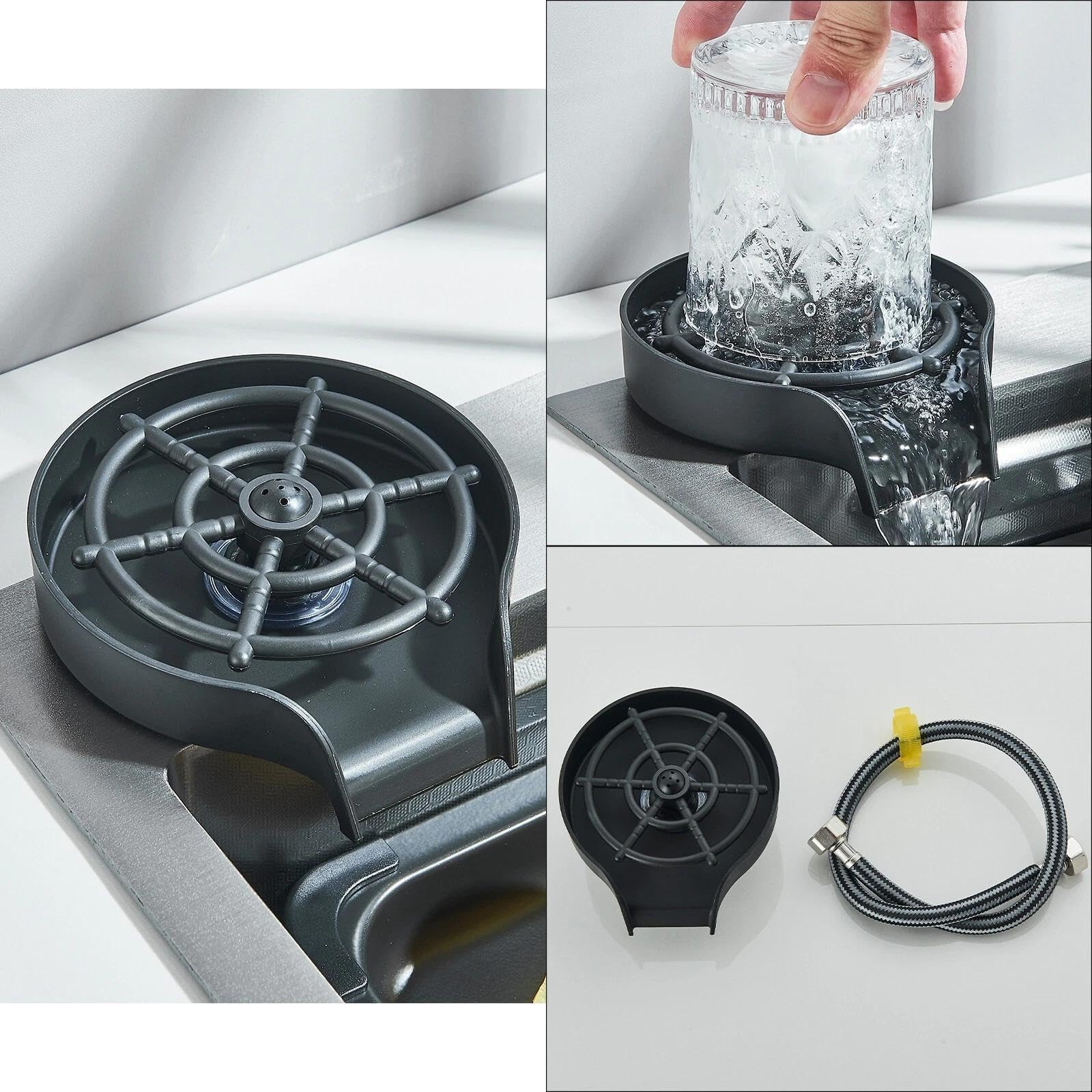 Evier Cuisine 1 bac Inox 60 x 46 x 20cm Professionnel Lavabo Acier Inoxydable Robinet et Lave-Tasses Intégrés, Planche à Découper & Robinet Extractiblen Haute Pression Noir Fonctionnement Silencieux