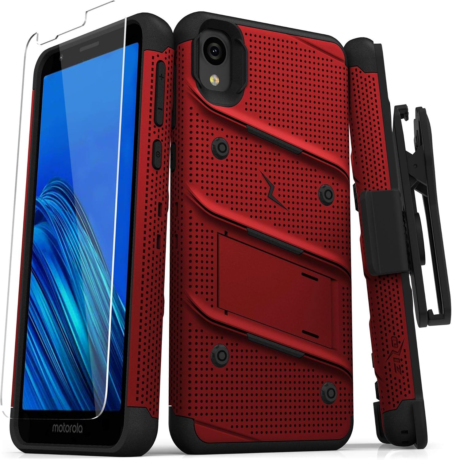 ZIZO Bolt Series Motorola Moto E6 Case | Heavy-Duty Military-Grade Drop Protection w/Kickstand Included Belt Clip Holster Tempered Glass Lanyard (Red/Black)