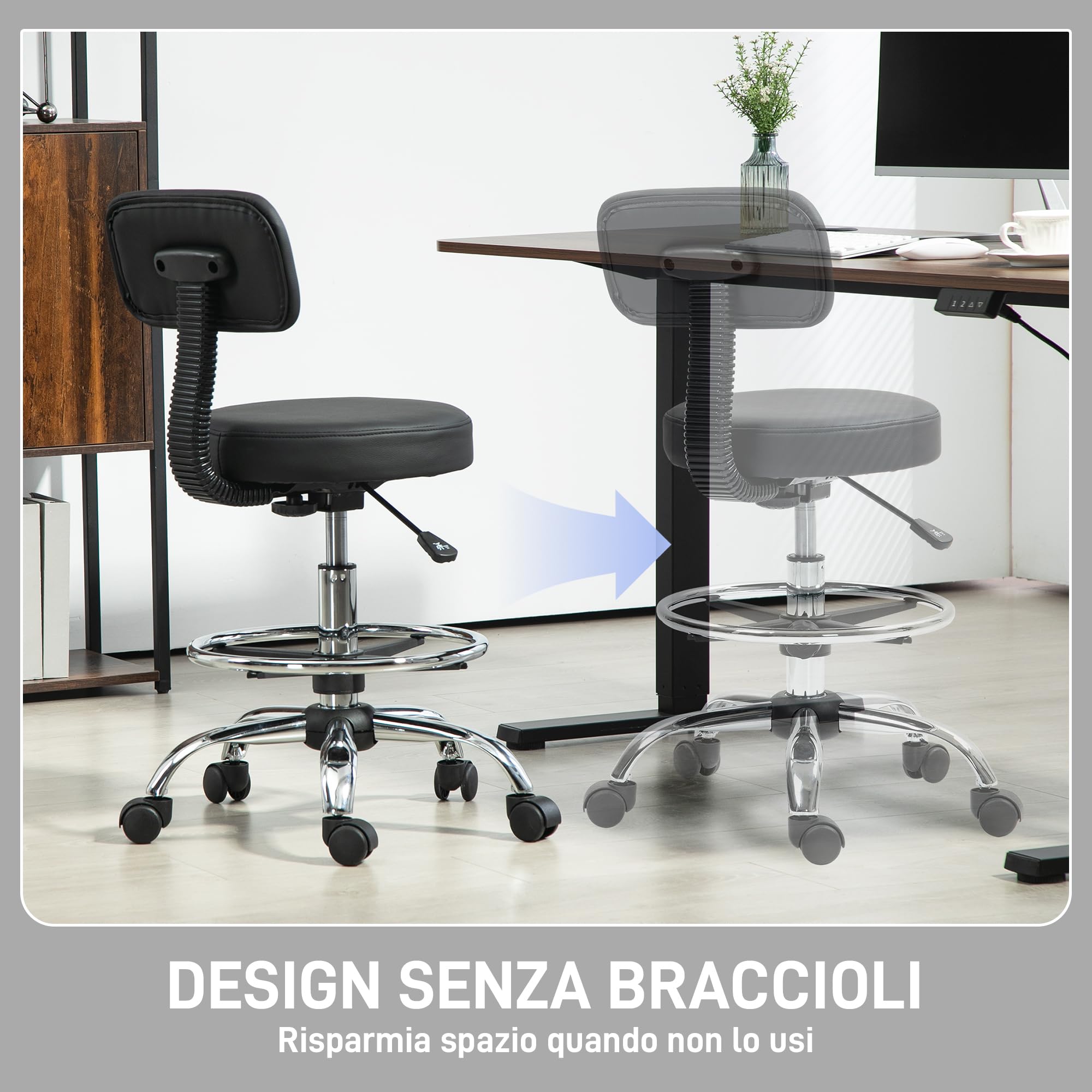 HOMCOM Taburete Giratorio, Taburete con Ruedas y Respaldo, Reposapiés, Altura Ajustable, Tapizado en Cuero Sintético, para Oficina, Dormitorio, Negro