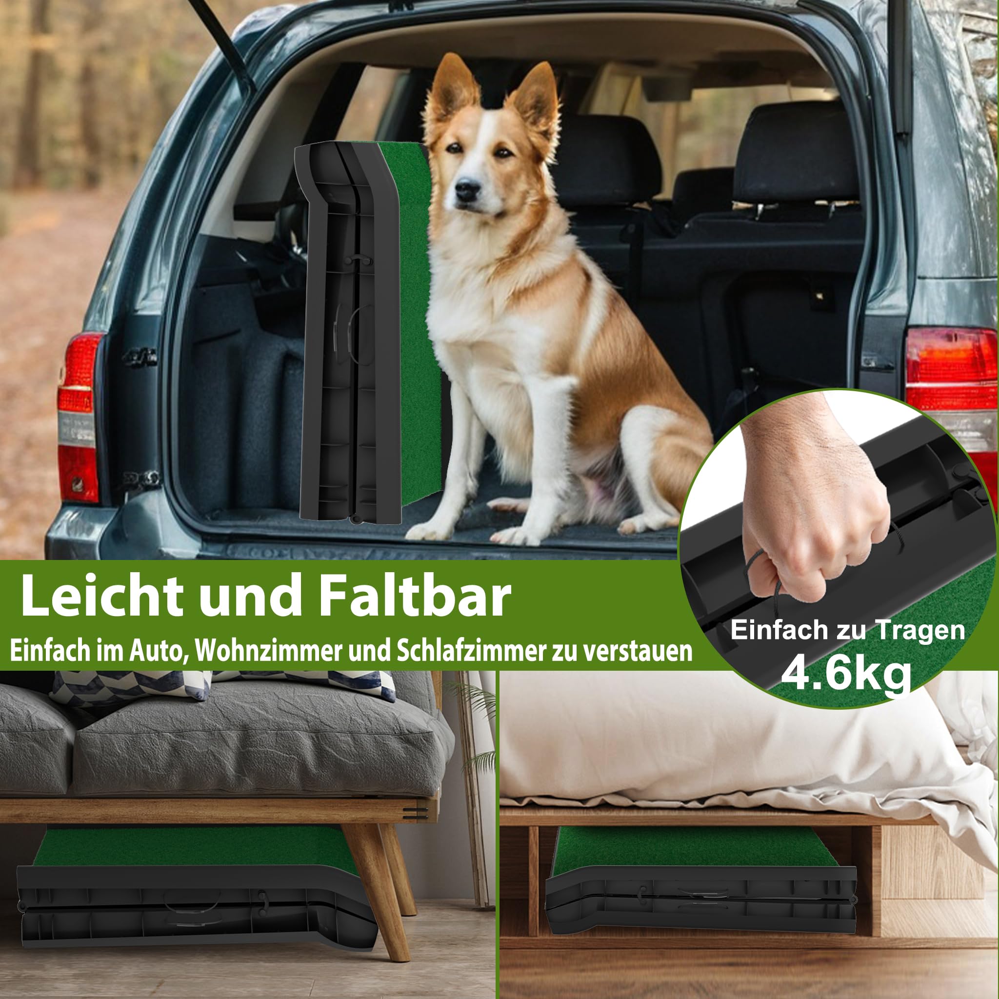 YRHome Hunderampe Auto klappbar 156 x 40cm Kunststoff Anti-Rutsch Autorampe Kofferraumrampe für Haustiere Hunde-Rampe Hundetreppe Einstiegshilfe für Kofferraum Robust bis 90 kg Grün