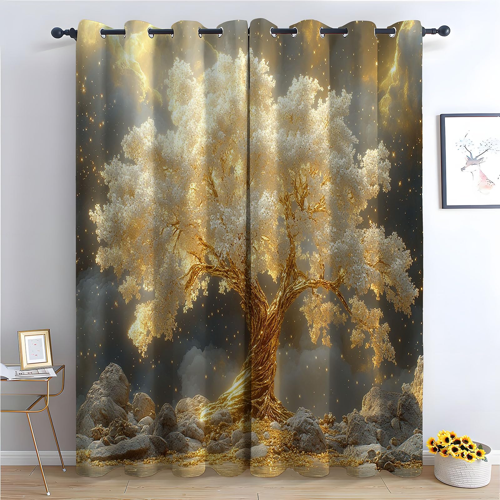 TERUEA 80% Blackout Curtains for Bedroom Luxurious golden blossom tree starry cloudy sky rocky ground Curtains Landscape Scenery, 3D Pattern For Stall,-52" W x 72" L (Pack of 2)
