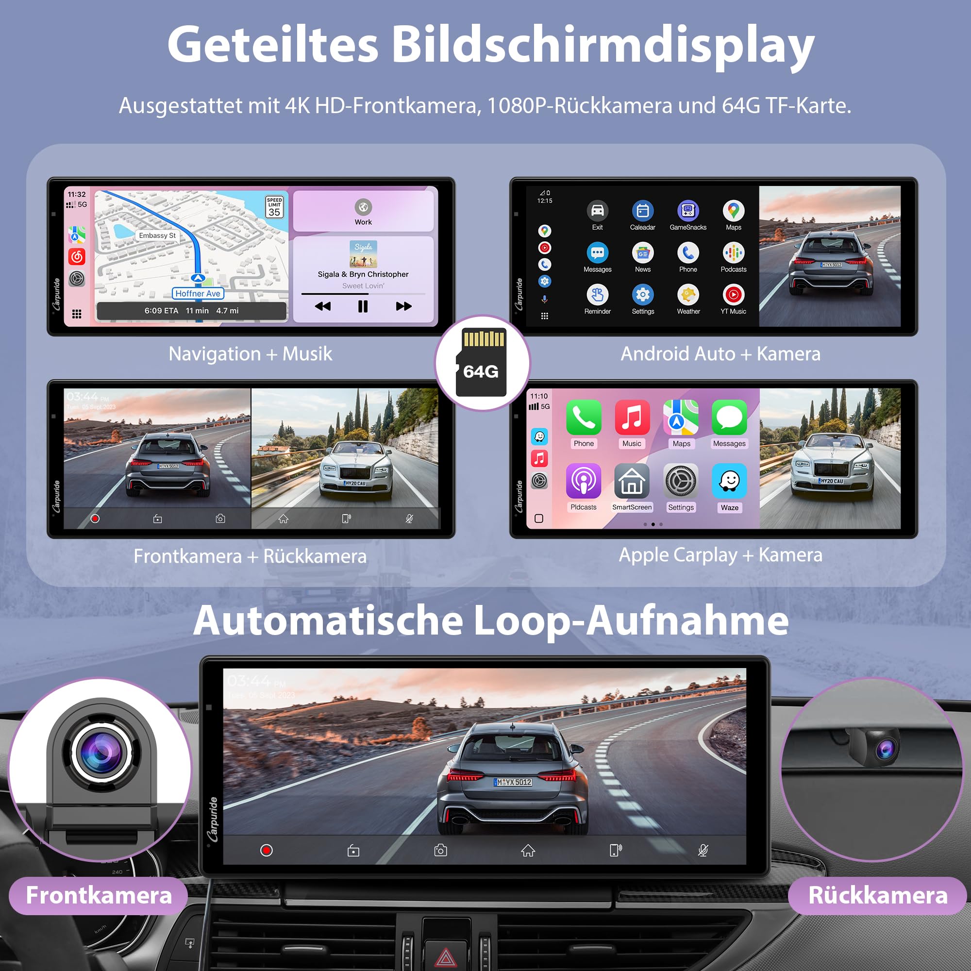 CARPURIDE Kabelloses Carplay & Android Auto mit Dashcam – 10.26-Zoll-HD-IPS-Touchscreen fürs Auto, 4K-Front- und 1080P-Rückkamera, Loop-Aufnahme, Bluetooth-Audio, Mirror Link, GPS, Siri