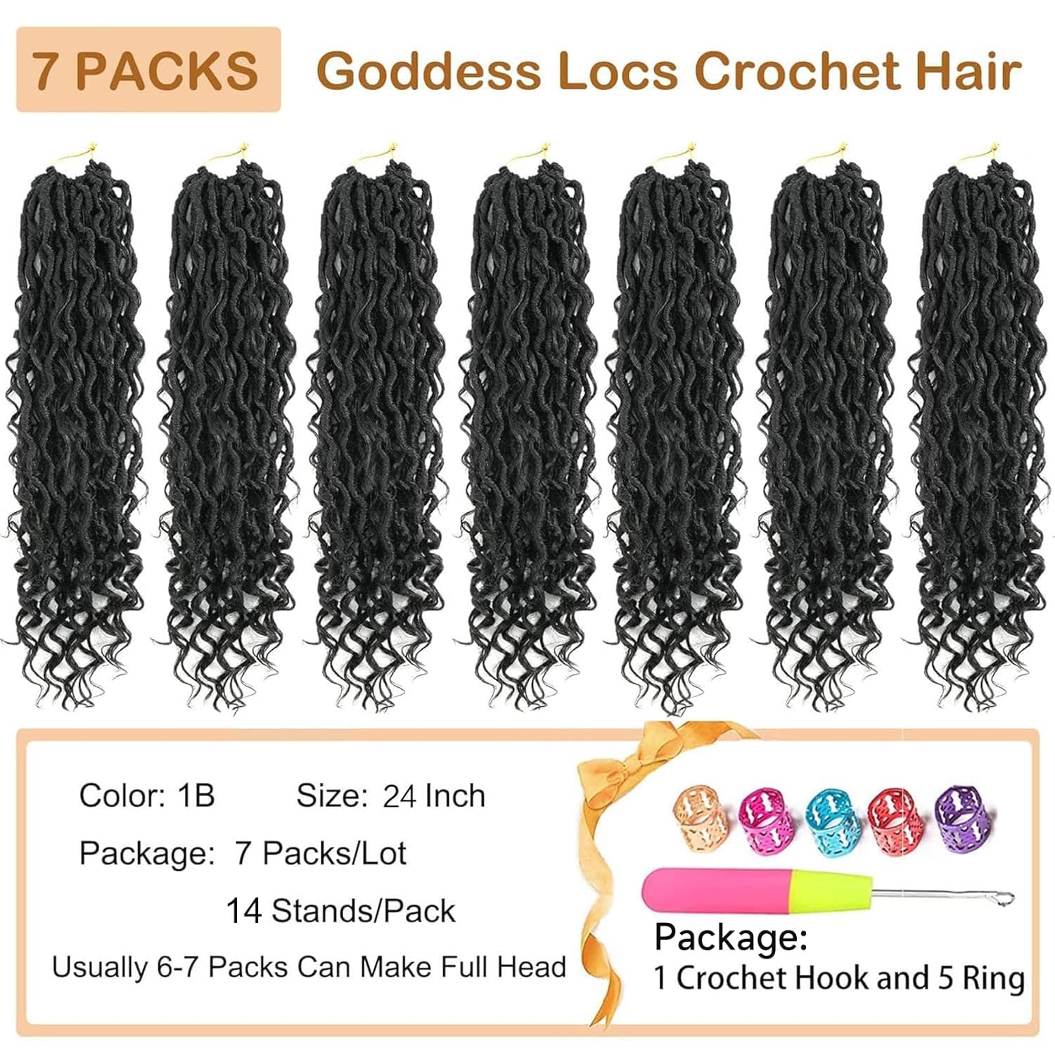 Goddess Locs Crochet Hair 24 Inch 7 Packs Faux Locs Crochet Hair for Black Women Boho Soft Crochet Locs Hair Pre Looped Crochet Braids with Curly Ends (24 Inch, 1B)