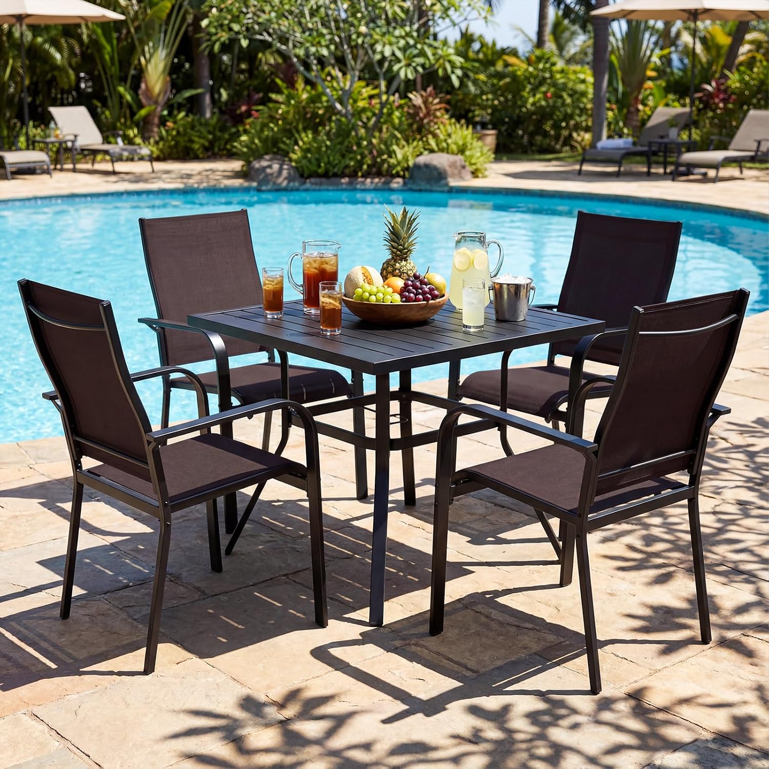 Tangkula Patio Dining Chairs Set of 2, Stackable Outdoor Armchairs with Metal Frame, Breathable Mesh Fabric, High Backrest, Patio Lawn Chairs with 350LBS Capacity for Poolside Backyard (2, Brown)