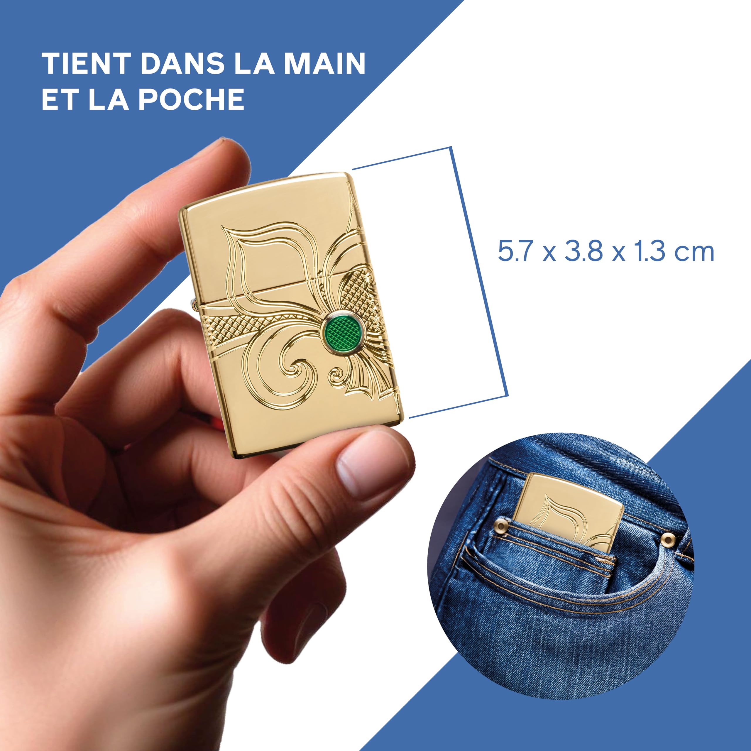 Zippo Briquet Tempête - Fleur De-Lis - Finition Armor Laiton Poli Brillant Or avec Gravure - Rechargeable - Réutilisable - Design Coupe-Vent - Coffret Cadeau - Fabriqué aux États-Unis
