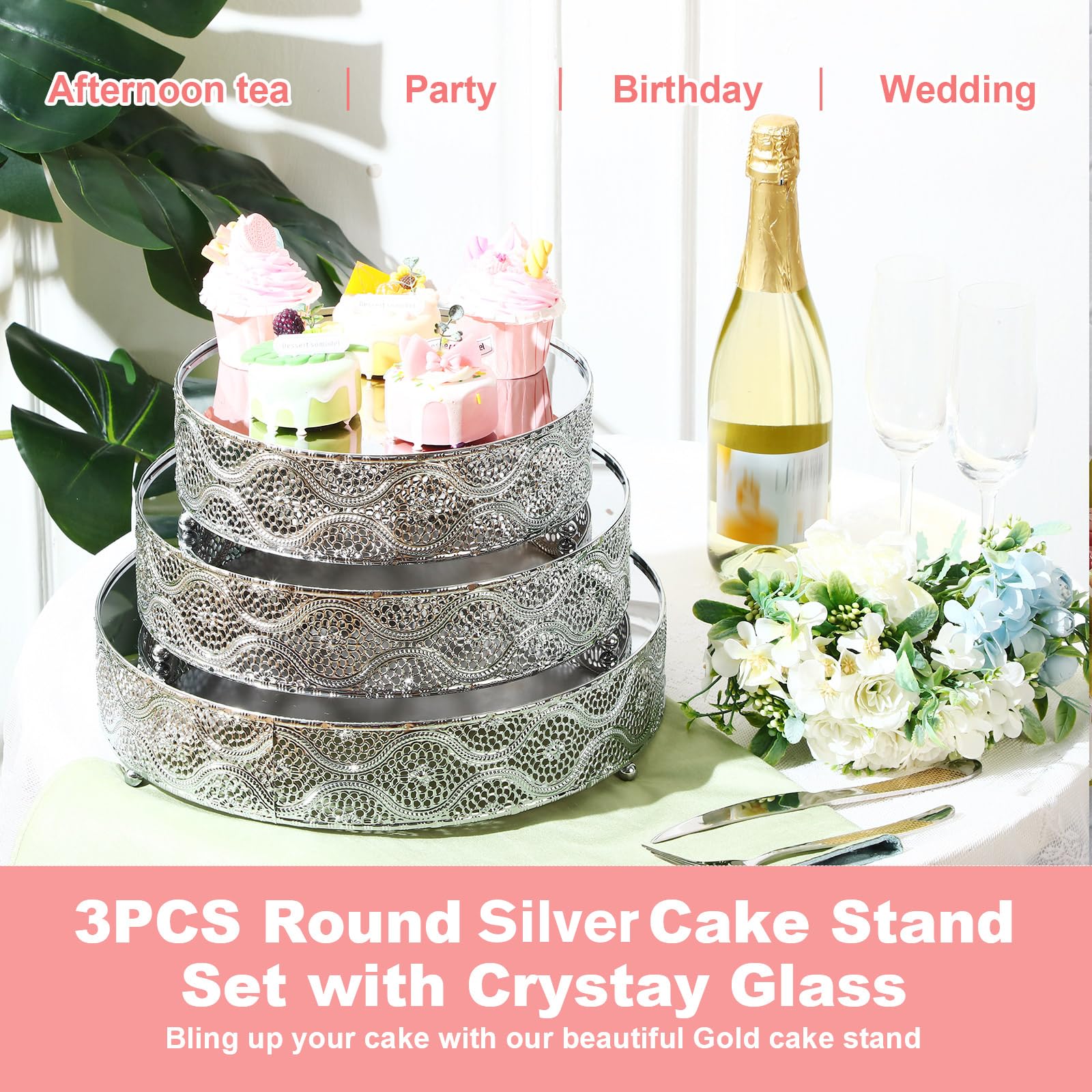 Skylety Juego de 3 soportes redondos plateados para tartas de 10 pulgadas, 12 pulgadas, 14 pulgadas, de metal, elegante, espejo brillante, metálico, para bodas, postres, cupcakes, galletas, para