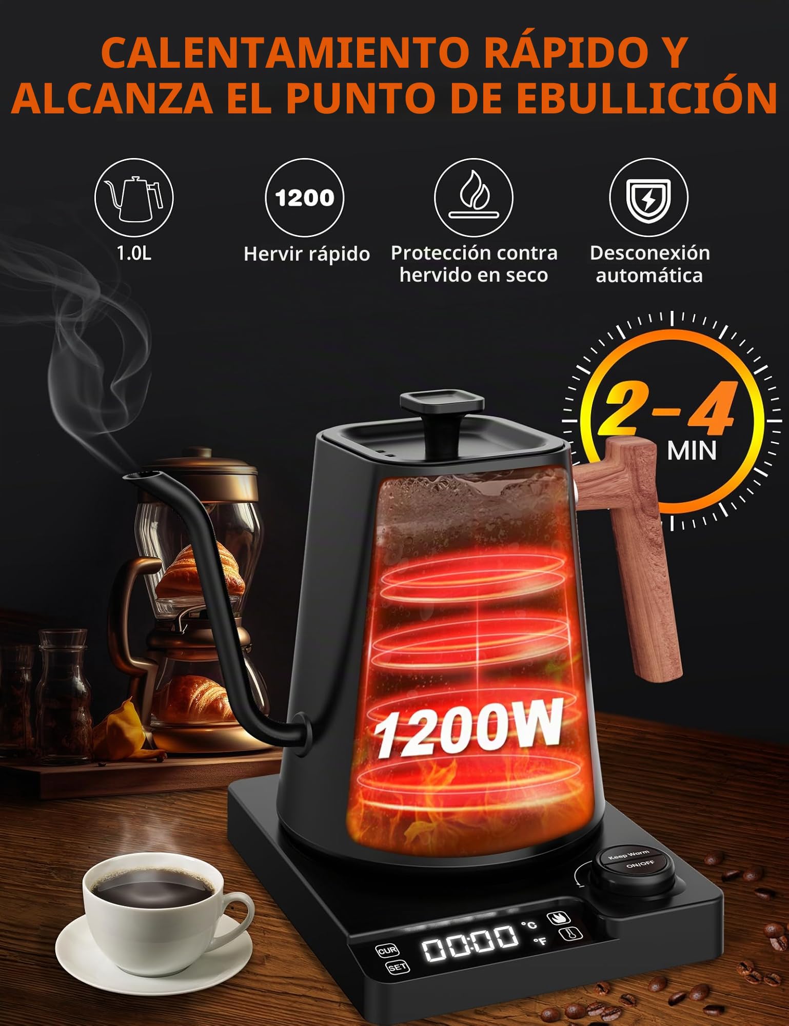 Hervidor de agua de acero inoxidable con ajuste de temperatura, hervidor de cuello de cisne, 24 horas, tetera eléctrica con indicador de temperatura, hervidor de café, 1L, 1200W