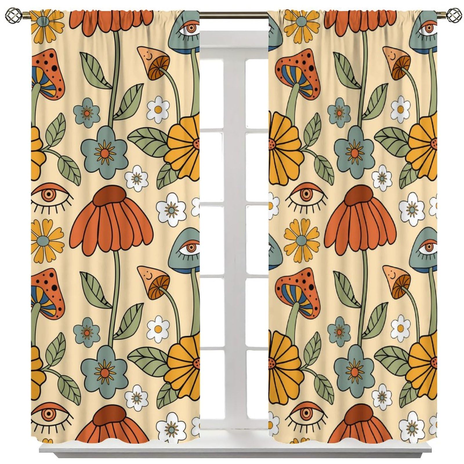 Jaren 70 vintage boho bloemen gordijnen geel oranje paddenstoelen bloemen hippie retro gordijn met roedezak voor slaapkamer woonkamer decor gordijnen raambehandelingen 2 panelen set 106,6 x 111 cm