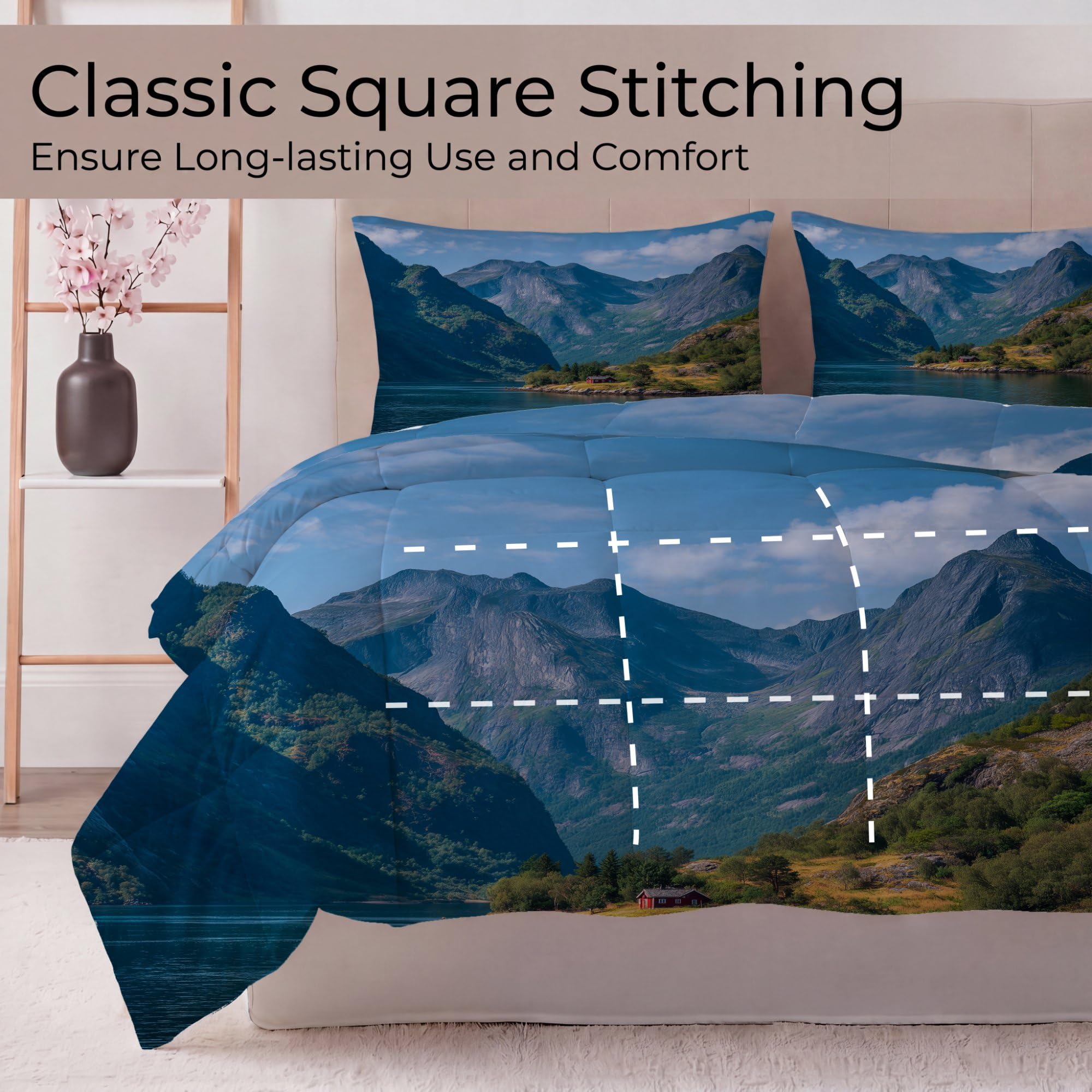 Landschaft Berge See Hütte Bettdecke Ohne Bezug 135x200 cm 4 Jahreszeiten Blau Bedruckte Decke mit 2 Kissenbezügen, Weiche Mikrofaser Steppdecke für Schlafzimmer