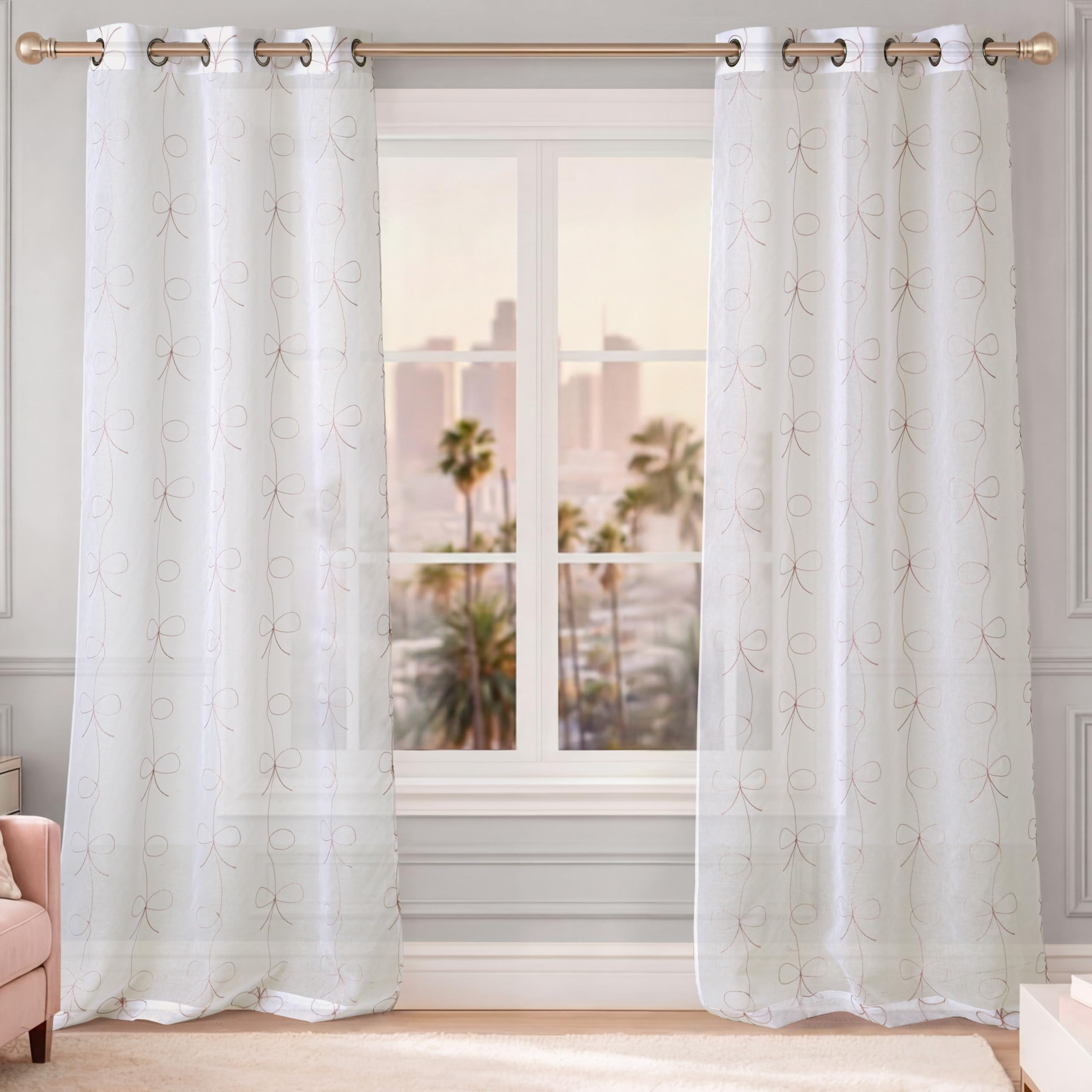Juicy Couture Vertical Bow Ribbon Sheer Window Curtains, 2-Panel Sheer Grommet Curtain Set, Blush Silver Lurex, 38" x 84"