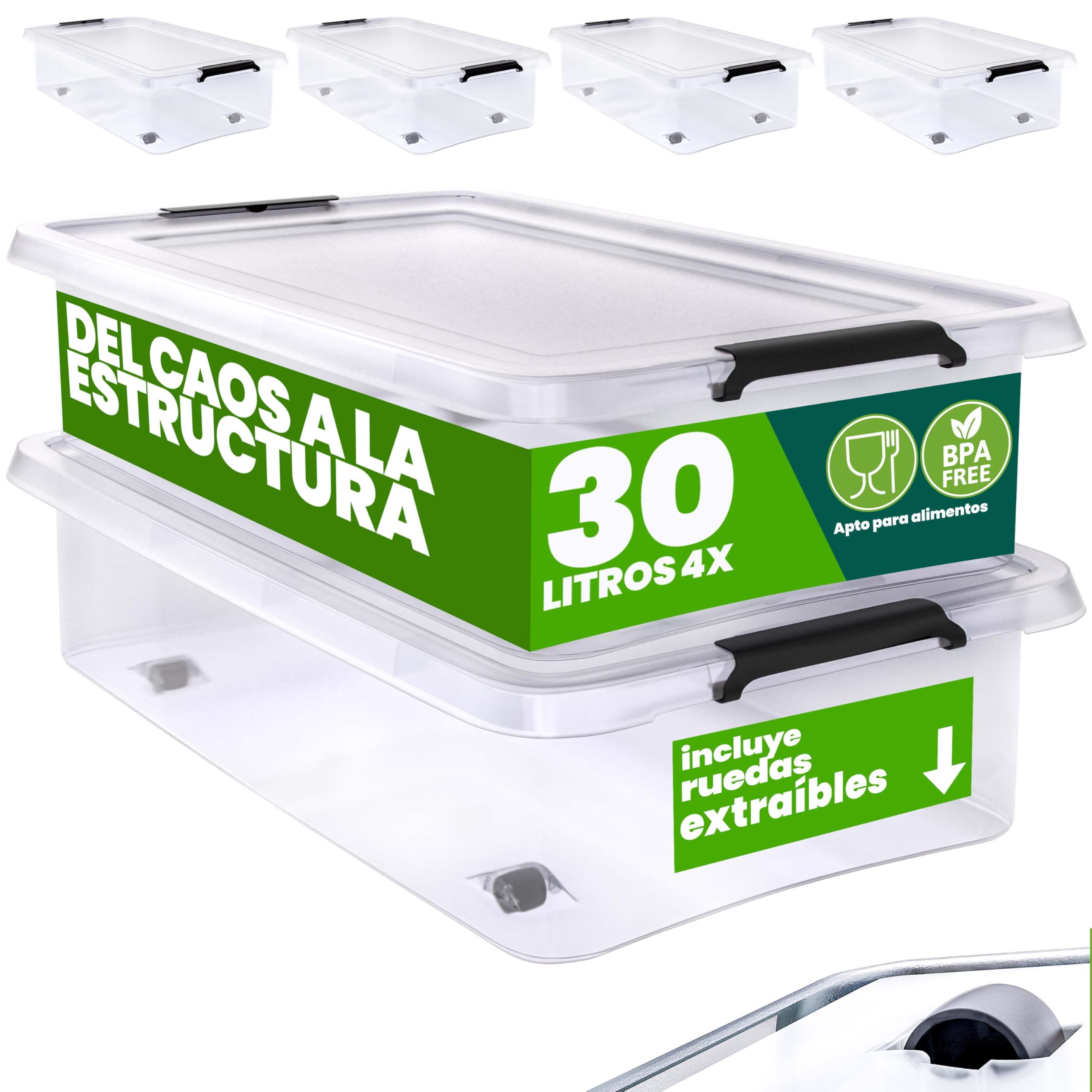 Deuba® 4X Cajas de Almacenamiento 30L Tapa Clips de Cierre Transparentes Almacenaje Juguetes Ruedas Apilable