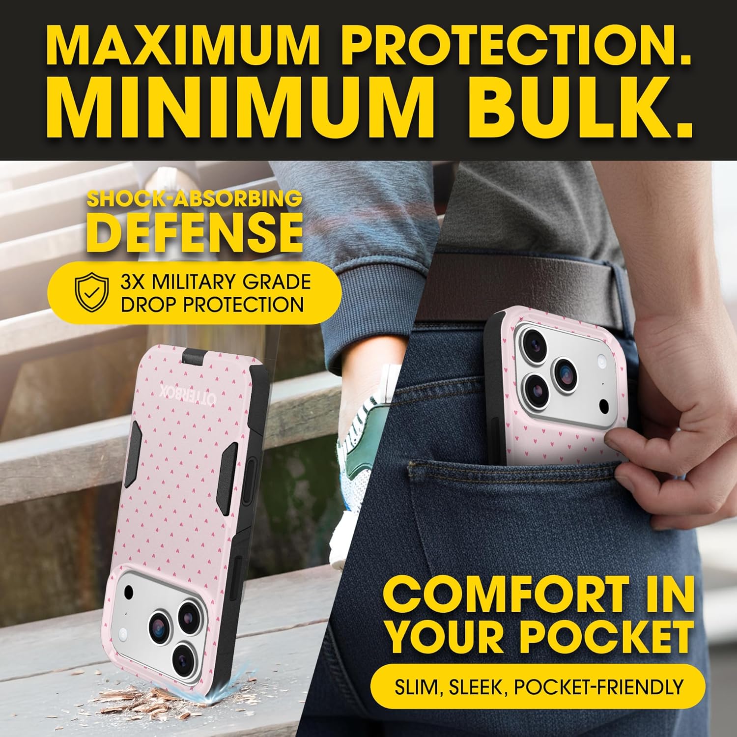 OtterBox iPhone 17 Pro (Only) – Commuter Series Case – Built-in MagSafe – Thin, Dual-Layer, Pocket-Friendly, Port Cover – Love is in the Air Hearts (Pink Heart)