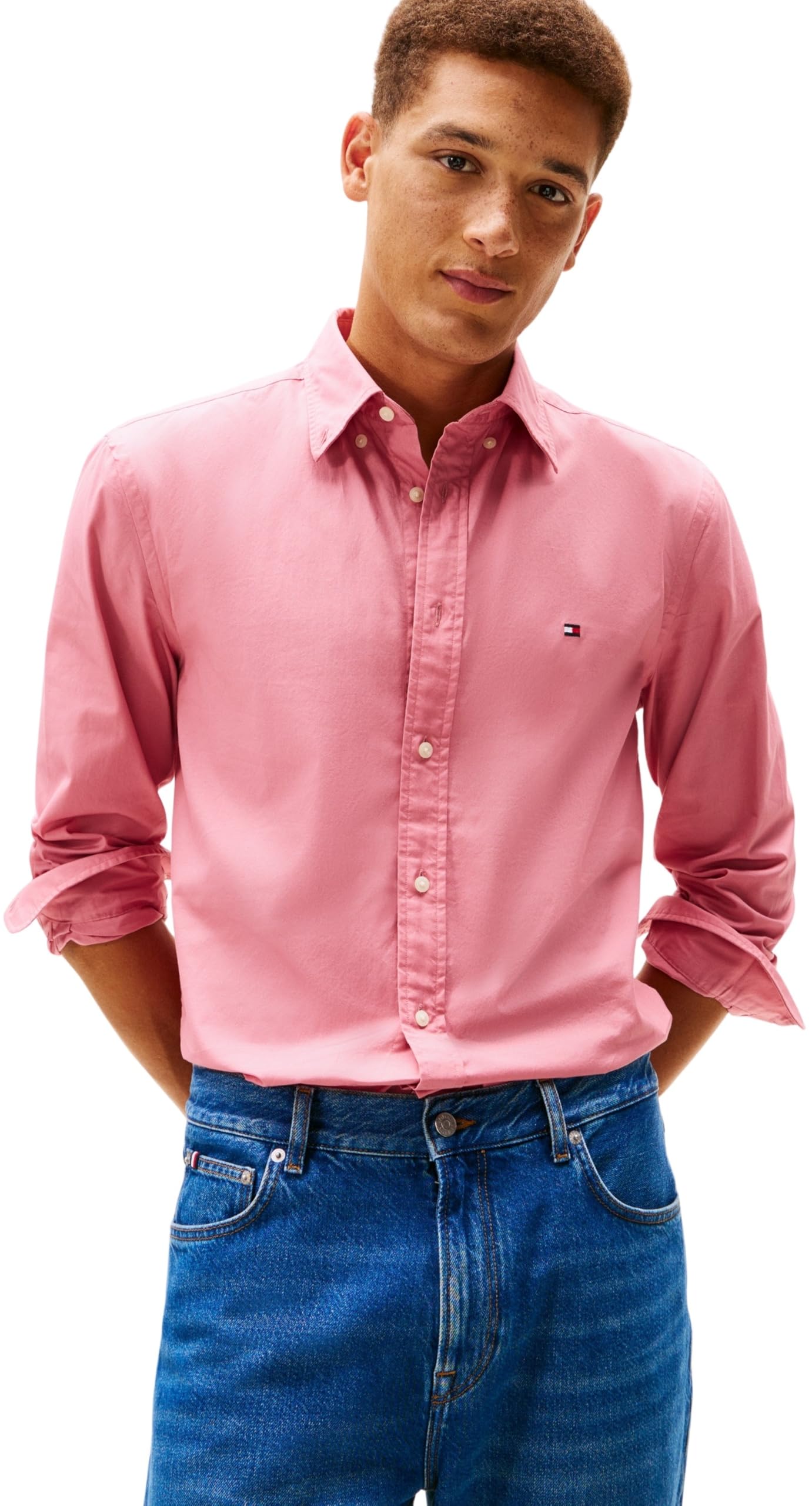 Tommy Hilfiger Men Flex POPLIN Solid RF Shirt MW0MW37550 L/S Shirt, Pink, L