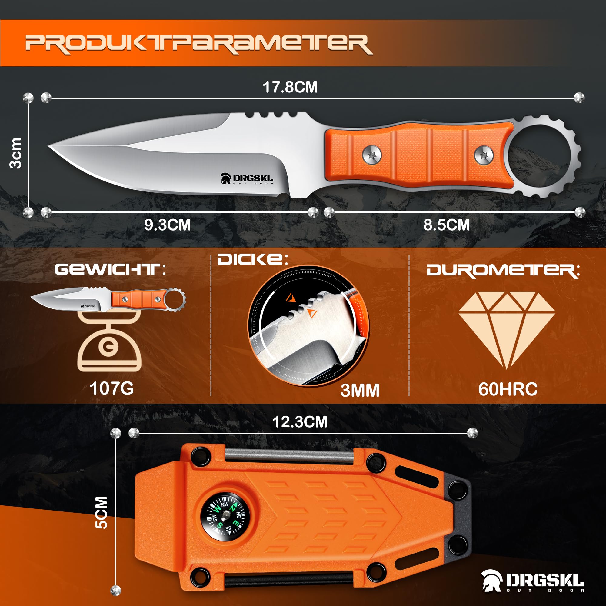 DRGSKL-Outdoor Messer Survival,aus D2 Stahl 3-in-1 mit Kompass Kydexscheide und Feuerstahl, EDC 9.3cm Klinge, Jagdmesser Mit Feststehende Klinge,Für Männer Camping Jagen Wandern Orange