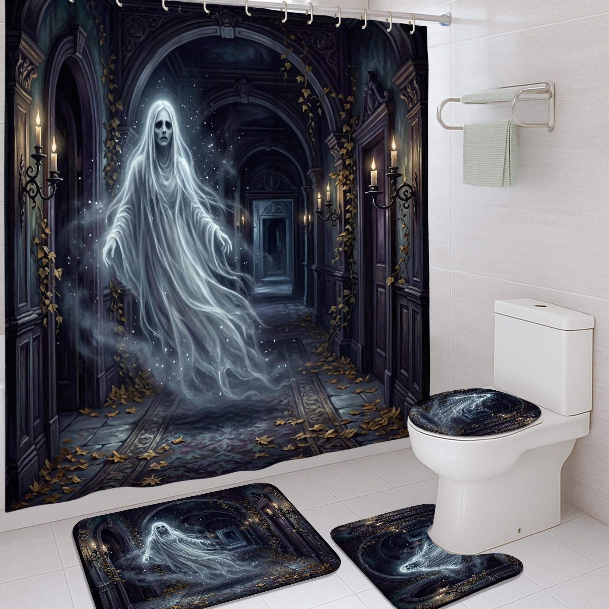 Rideau de douche fantôme effrayant avec tapis assorti pour relooker votre baignoire