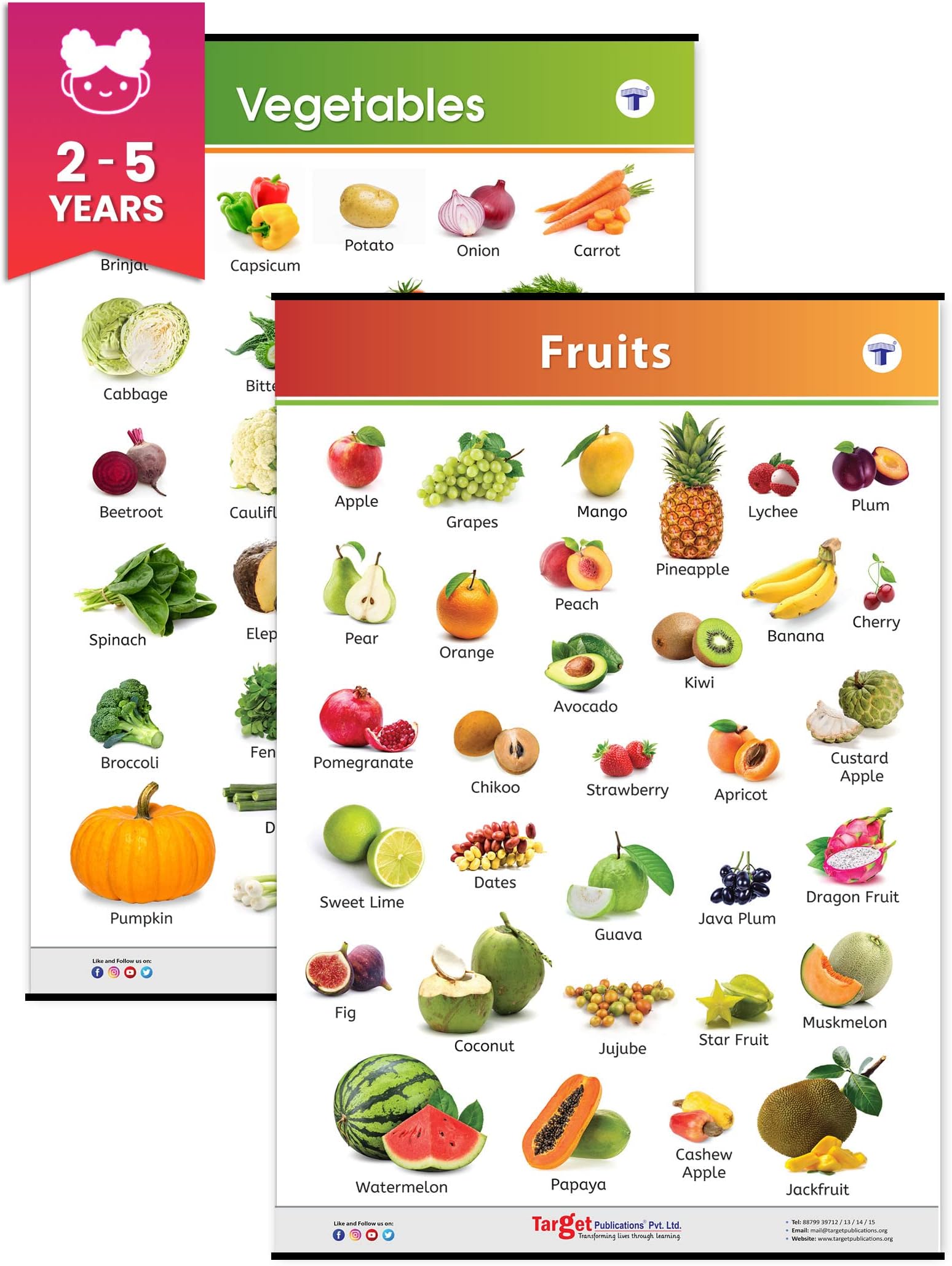 Fruits & Vegetables Chart for Kids Age 2+ Years (72 x 49.5 cm) | 2 Charts | Educational Poster with Pictures | Preschool, Nursery & Kindergarten Wall Chart | Water Resistant | QR Code for Learning