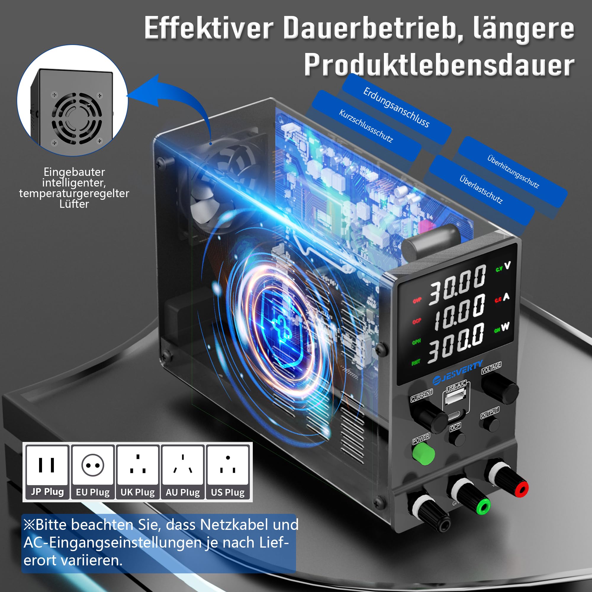 Labornetzteil, Jesverty Labornetzteil DC Regelbar Netzgerät(32 V, 10 A) mit USB und Type-C 20W Schnellladung, Encoder-Knopf, Ausgangs-EIN/Aus-Schalter, 4-stelliges LED-Display – SPS-3010M
