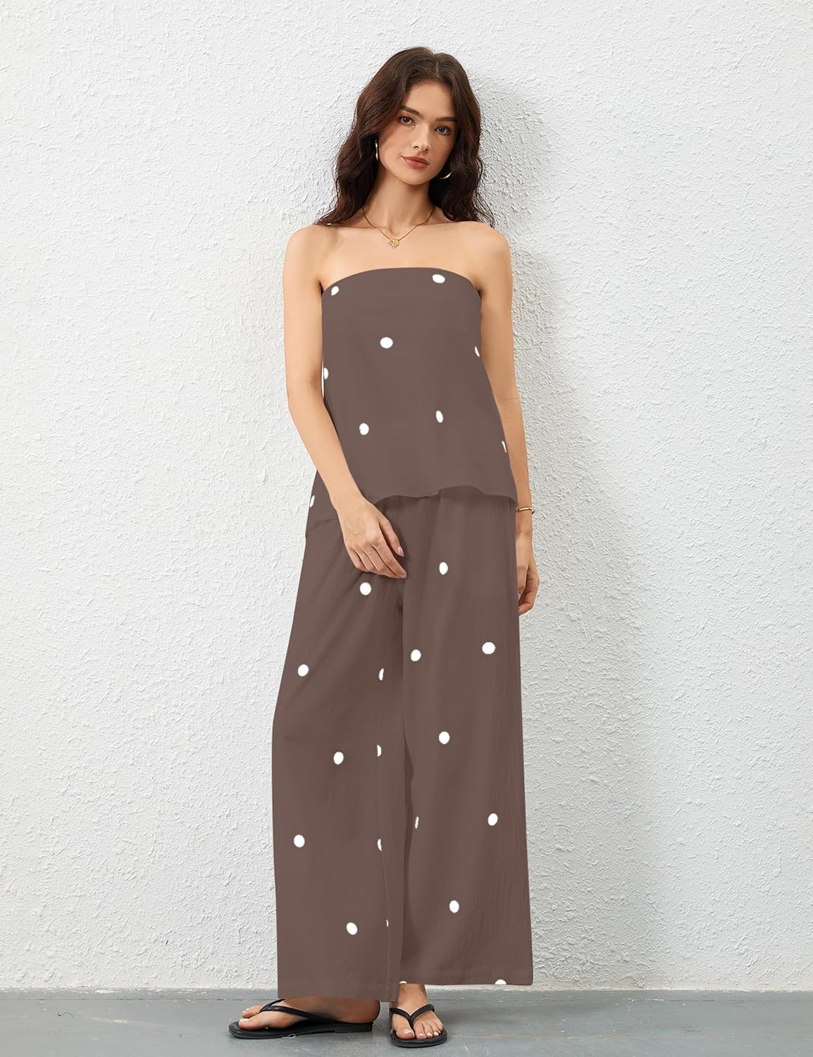 MISSACTIVER Women Polka Dot Tube Top Pant Set Spot Print Strapless Bandeau Wide Leg Pants Lounge Sets Summer 2 Piece Outfits