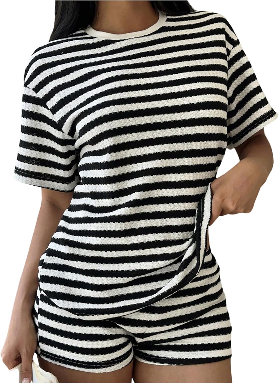 SHENHE Women's Summer 2 Piece Outfits Striped Short Sleeve Top and Shorts Loungewear Going Out Set