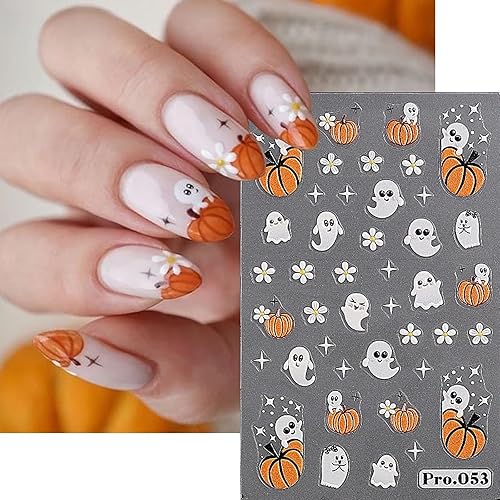 Miniatura 1 de 6 hojas de calcomanías de arte de uñas de Halloween, esqueleto 5D, calabaza, estereoscópicas, calcomanías de uñas en relieve, suministros de arte de