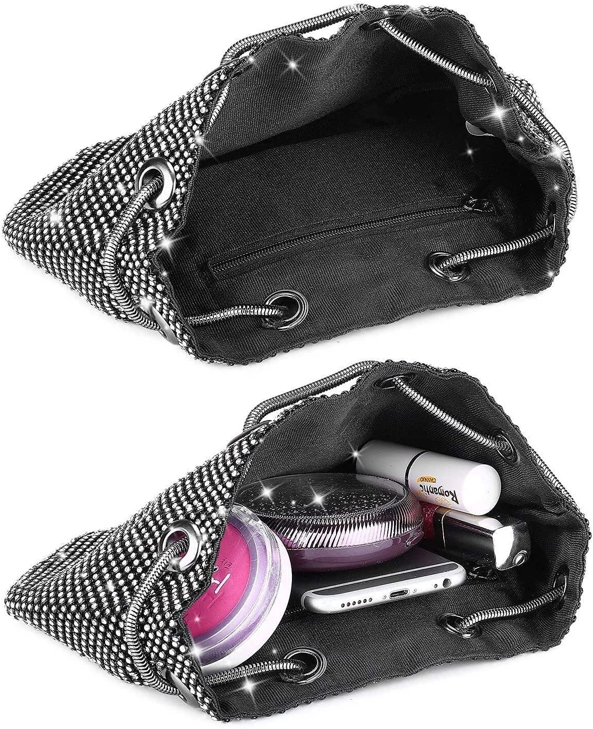 RajoNN Damen-Abendhandtaschen, Tasche, Strass-Clutch, Umhängetasche, Kettentasche, Hochzeit, Party, Disco (Silber) (Gold)