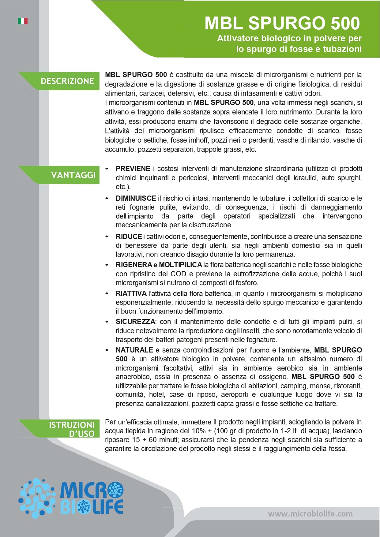 MBL SPURGO 500 – kg. 5 Attivatore biologico in polvere per lo spurgo di fosse e tubazioni, contiene un misurino per il corretto dosaggio - (500 milioni di microrganismi per grammo)