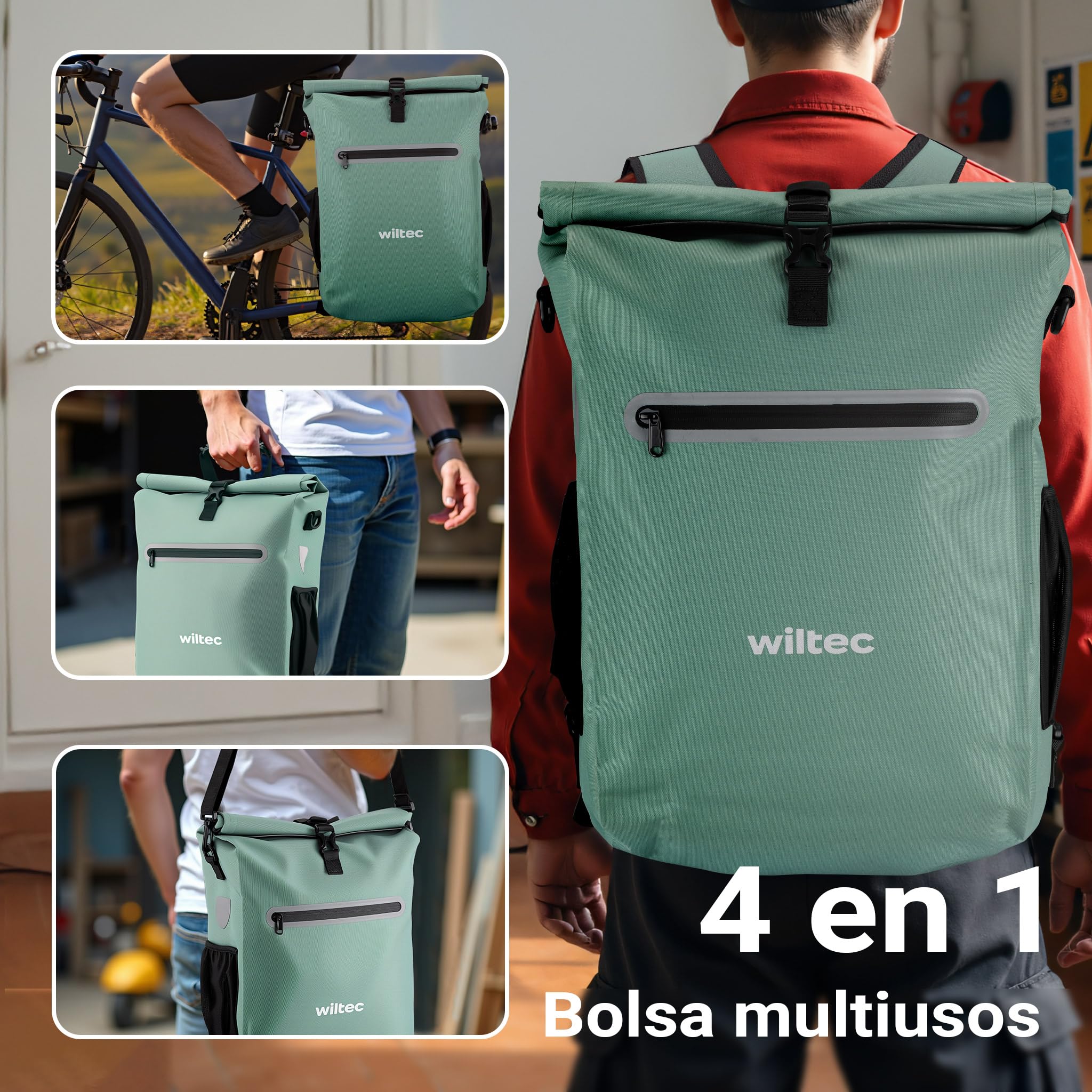 WilTec Bolsa versátil para Bicicletas 20 L Verde Resistente a la Lluvia con Compartimento para portátil fácil instalación en portabultos Ideal para Ciclistas urbanos y excursiones