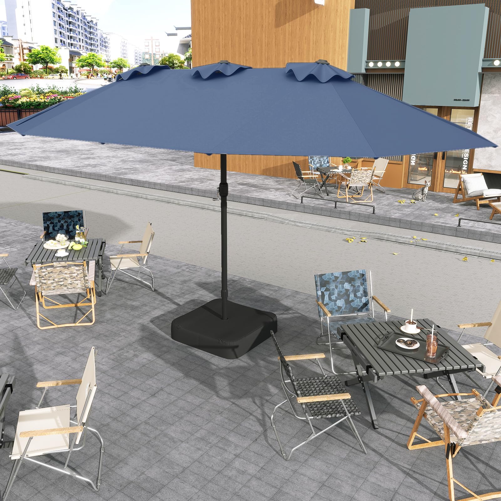 RELAX4LIFE Grand Parasol Double avec Pied 4,7M, Grand Parasol de Jardin Extérieur avec Manivelle, 12 Baleines, Base Croix, Sacs de Sable, Ventilé, Protection Solaire pour Terrasse Marché (Bleu foncé)