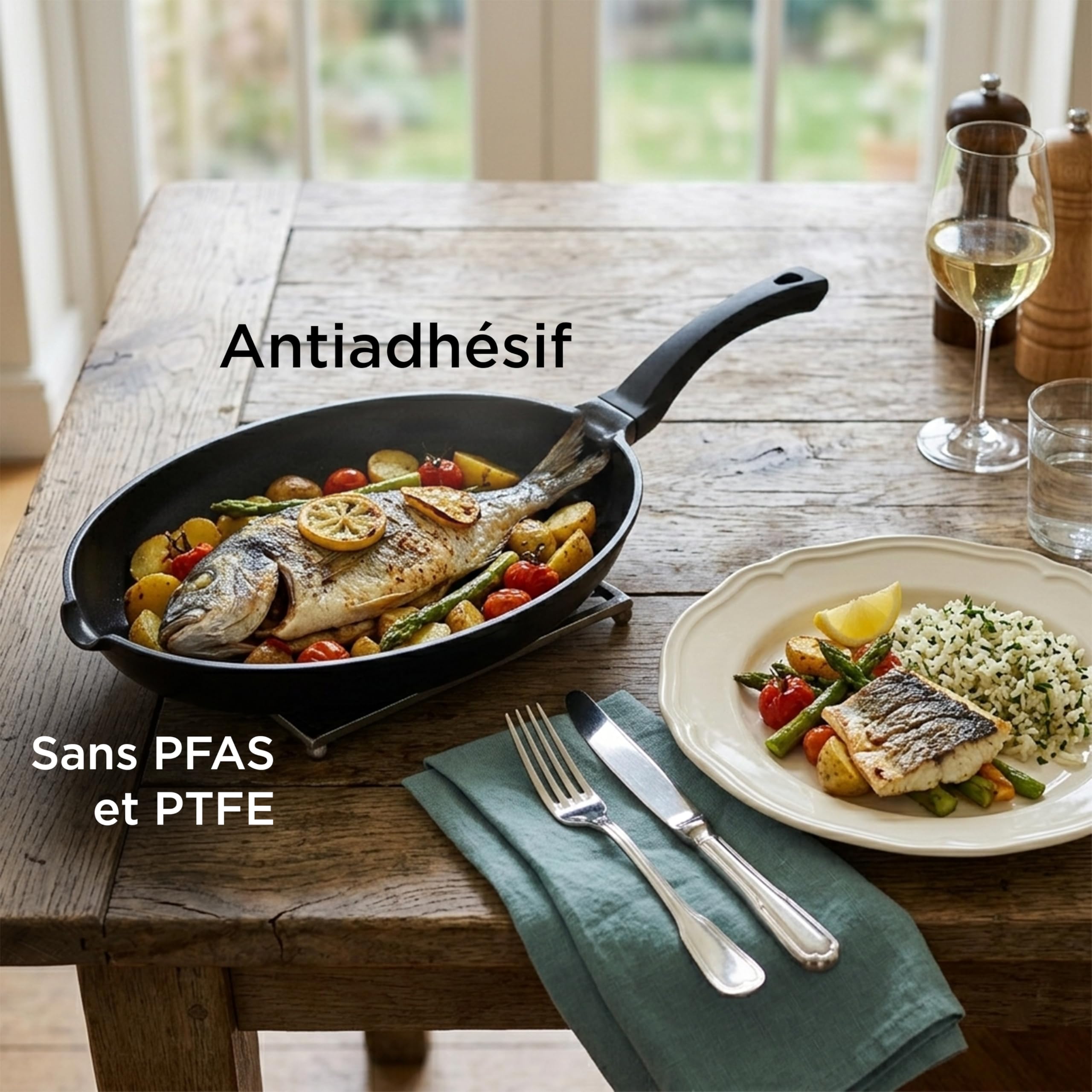 Mastrad – Poêle à Poisson Ovale 35 cm – Revêtement Céramique Antiadhésif Sans PFAS & PTFE – Cuisson Saine & Homogène – Idéale pour Poissons Entiers, Filets & Darnes – Tous Feux Dont Induction