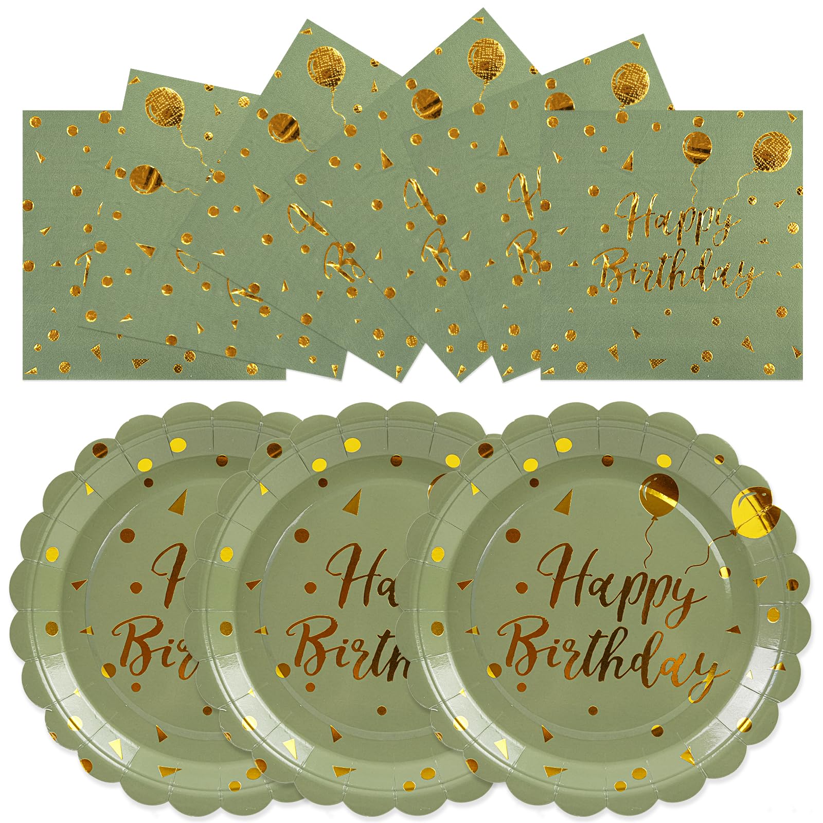 HFBOBP 50PCS Happy Birthday Paper Plates and Napkins Set - 7 Inch Sage Green and Gold Birthday Cake Plates Scalloped Dessert Plate Disposable