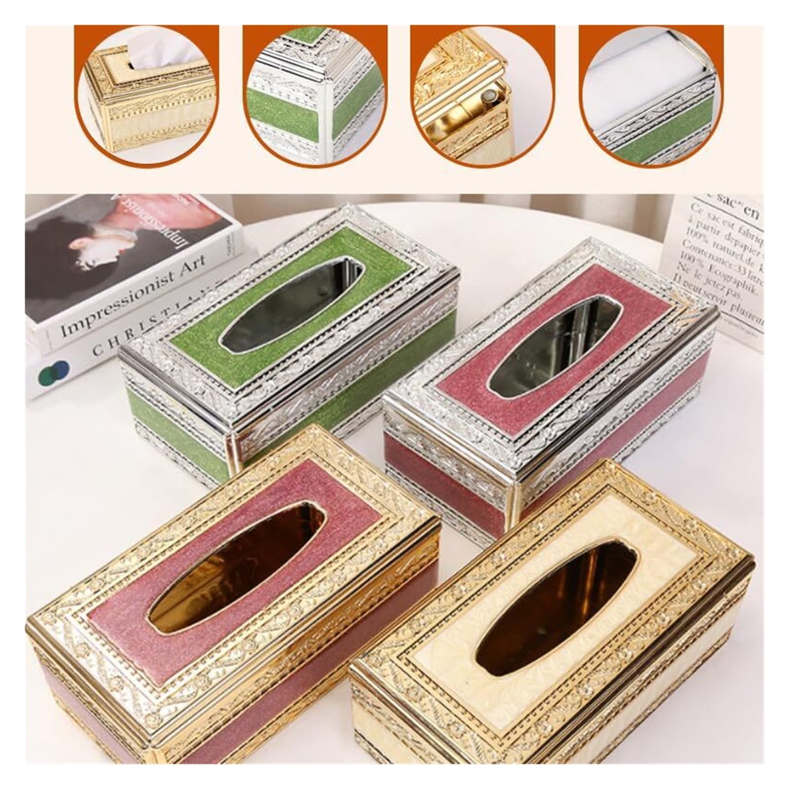 Portarrollos Decorativos Caja de pañuelos Dorada Europea, Soporte Decorativo Rectangular, servilleta Papel acrílico Artículos para el hogar(White)