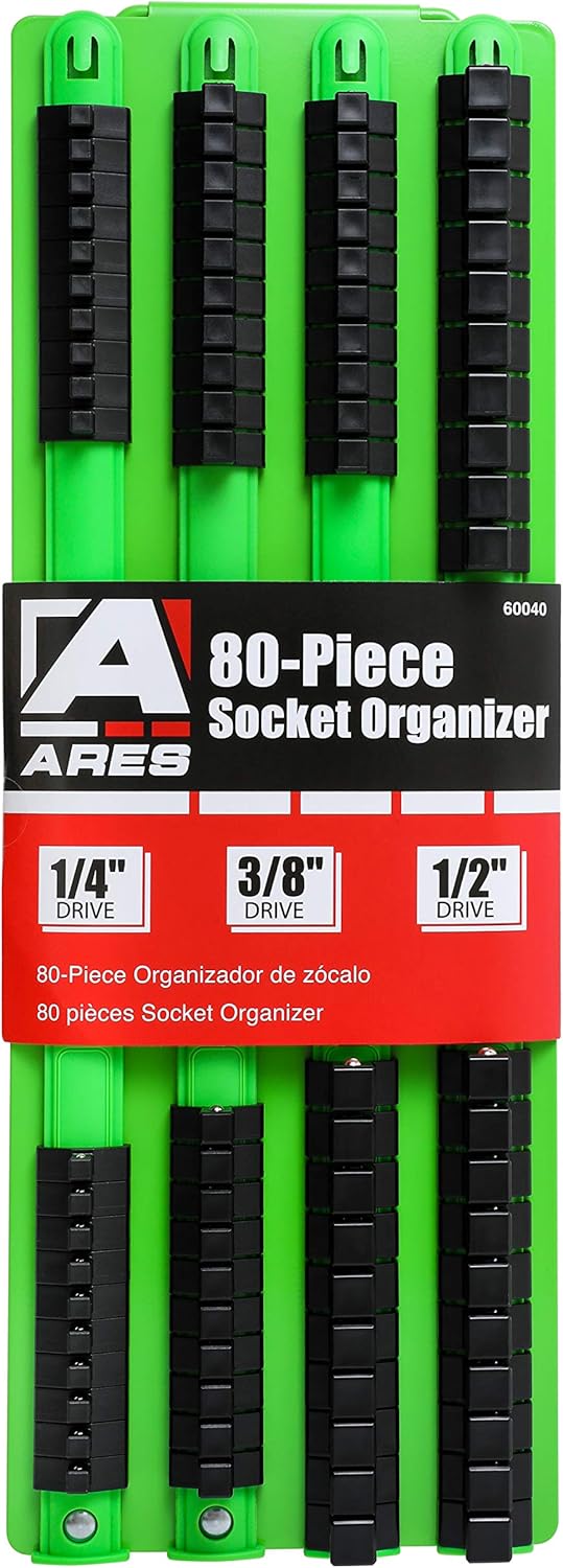 ARES 60040 - Green 80-Piece Socket Organizer - 1/4-Inch, 3/8-Inch, and 1/2-Inch Drive Socket Rails Hold 80 Sockets and Keep Your Tool Box Organized : Automotive