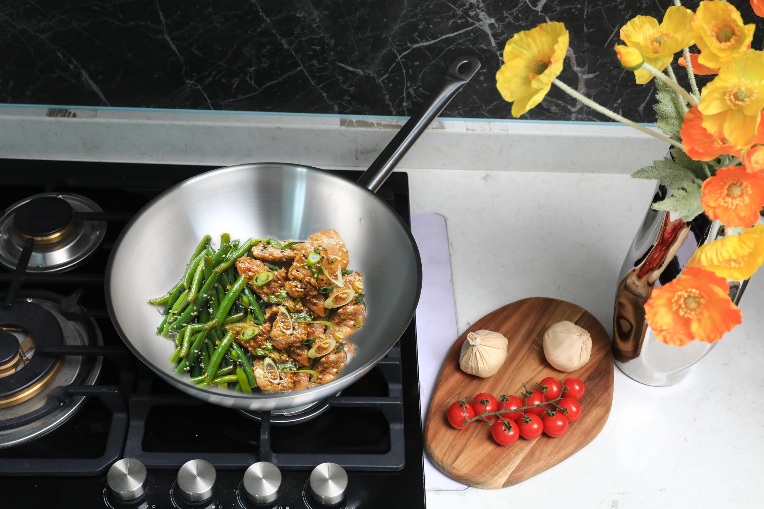 METRO Professional Wok, acier inoxydable, Ø 30 cm, hauteur : 12.8 cm, sans revêtement, induction, résistant au four
