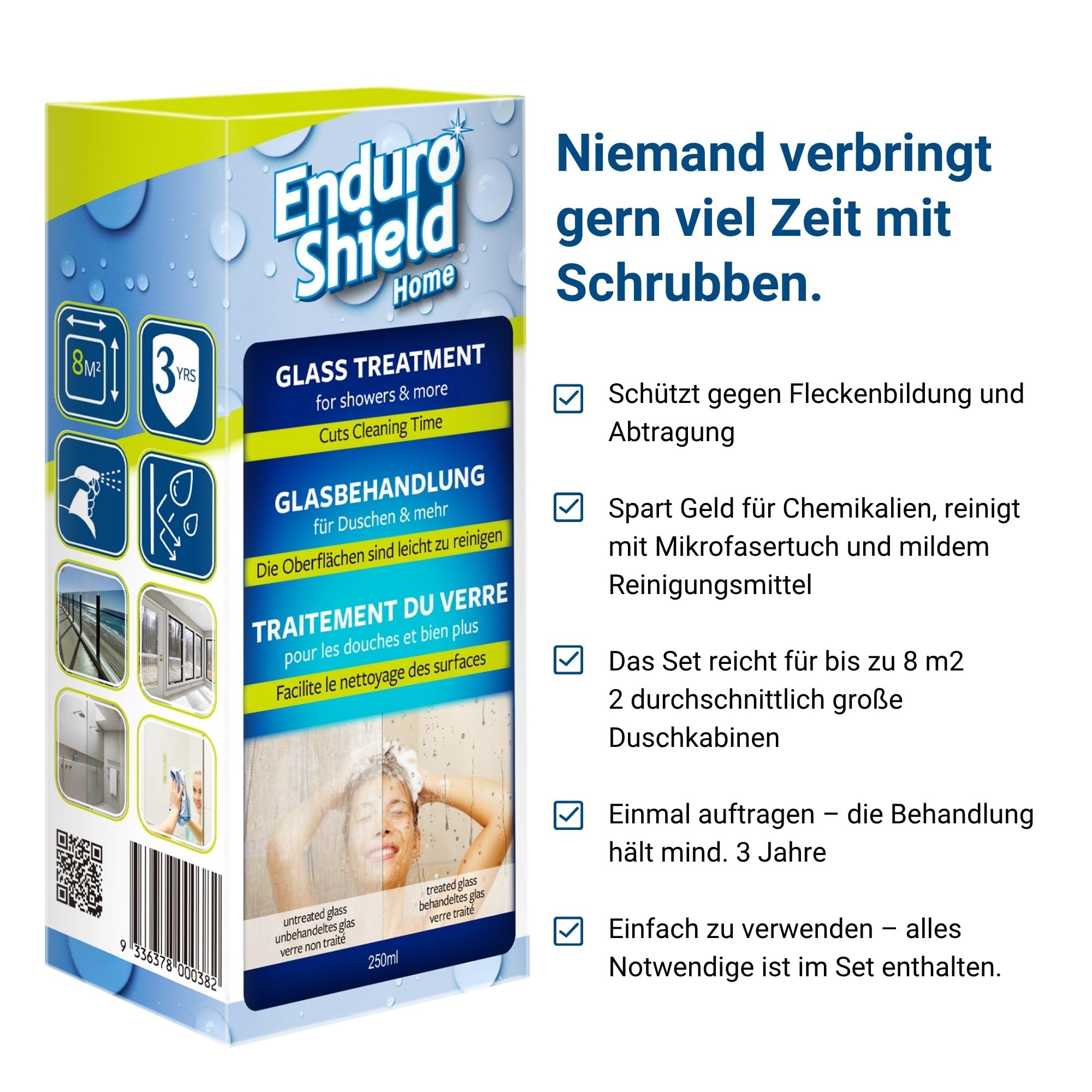 EnduroShield Glasbehandlungs-Set für Duschglas & Glasflächen - 250 ml | Weist Kalk & Seifenreste ab | Leichter zu reinigen | Einmal auftragen | Hält jahrelang