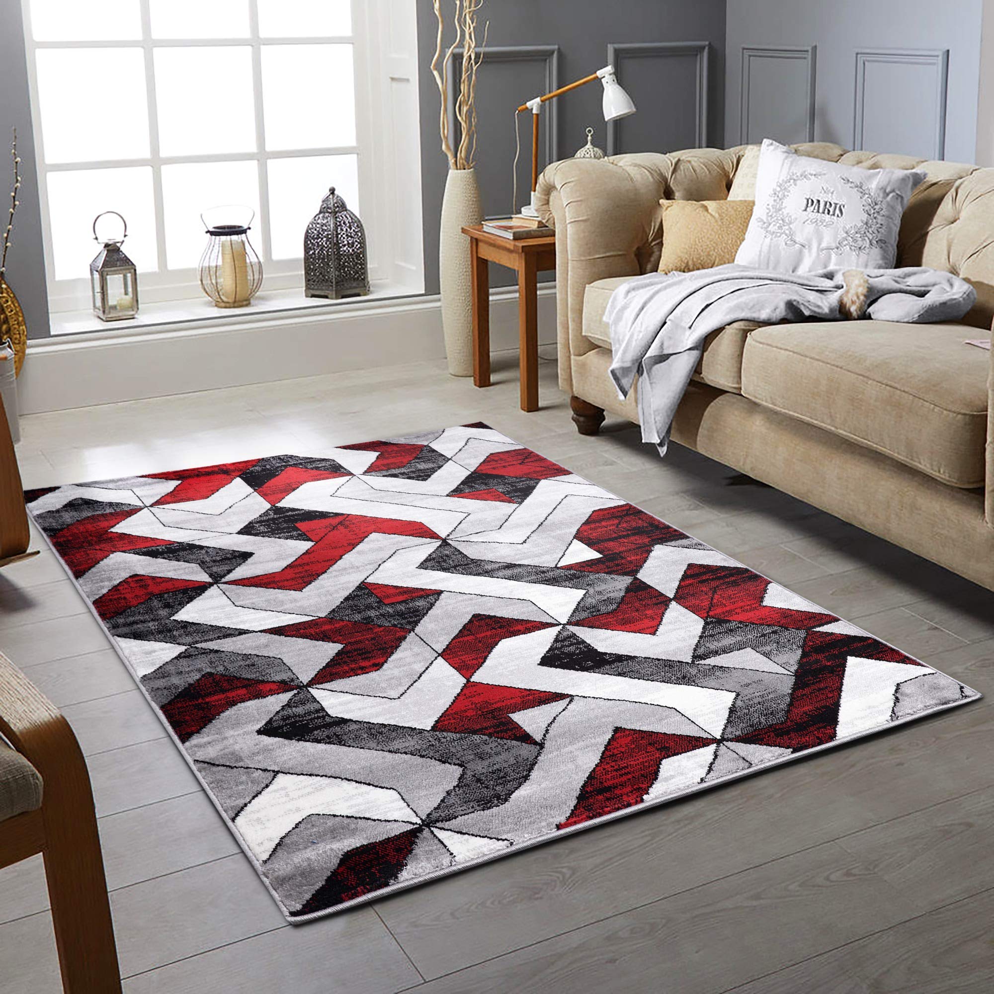 Modern Rugs Living Room Extra Large Small Medium Rectangular Size Soft Touch Thick Pile Living Room Red/Grey Area Rugs Non Shedding (MIDNIGHT RED, 160 X 230 CM)