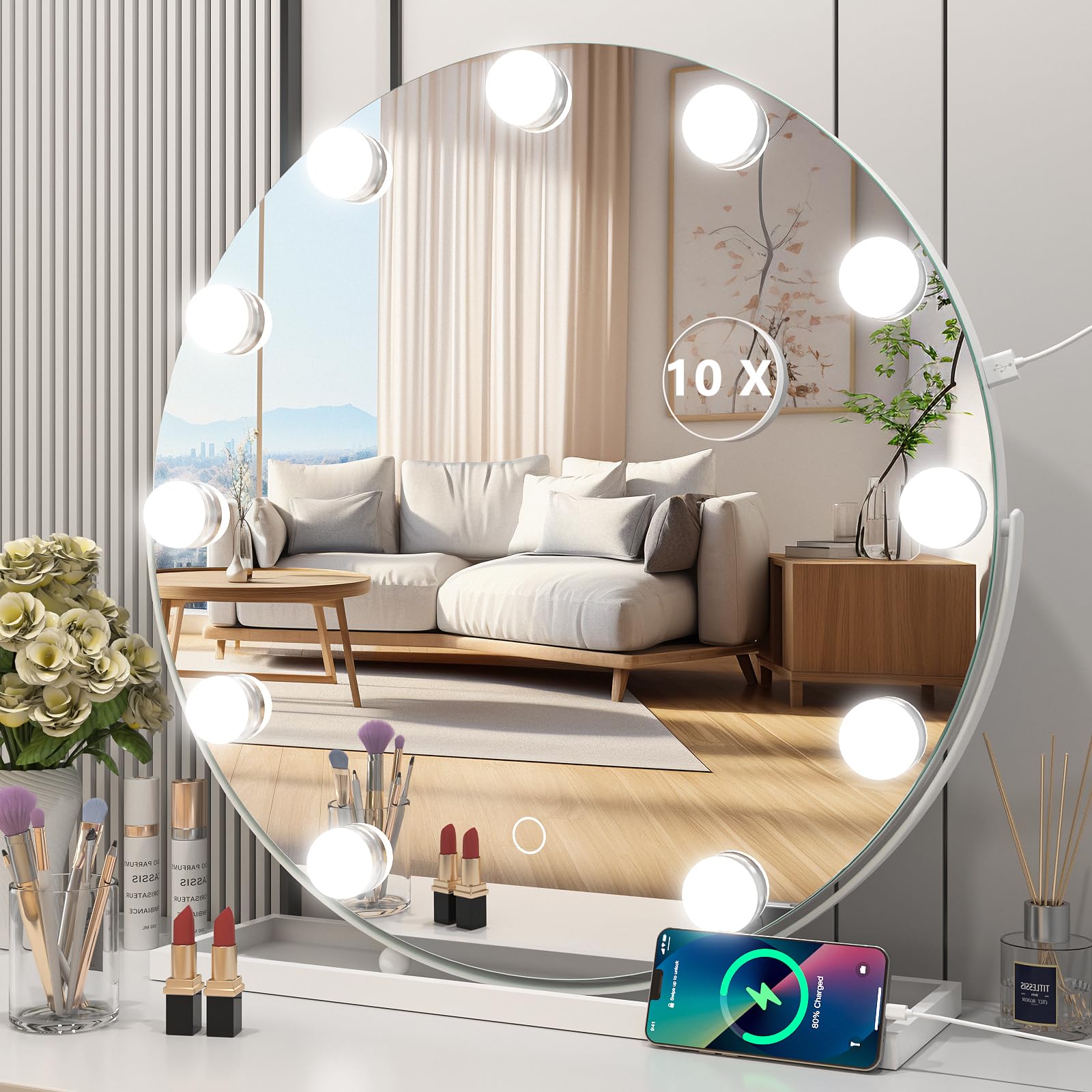 Vanity Mirror with Lights,20 Inch Round LED Mirror Makeup,Light up Mirror with 11 Dimmable LED Lights,Touch Control, 3 Colors Lighting Dimmable for Vanity Desk Tabletop, Bedroom(White)