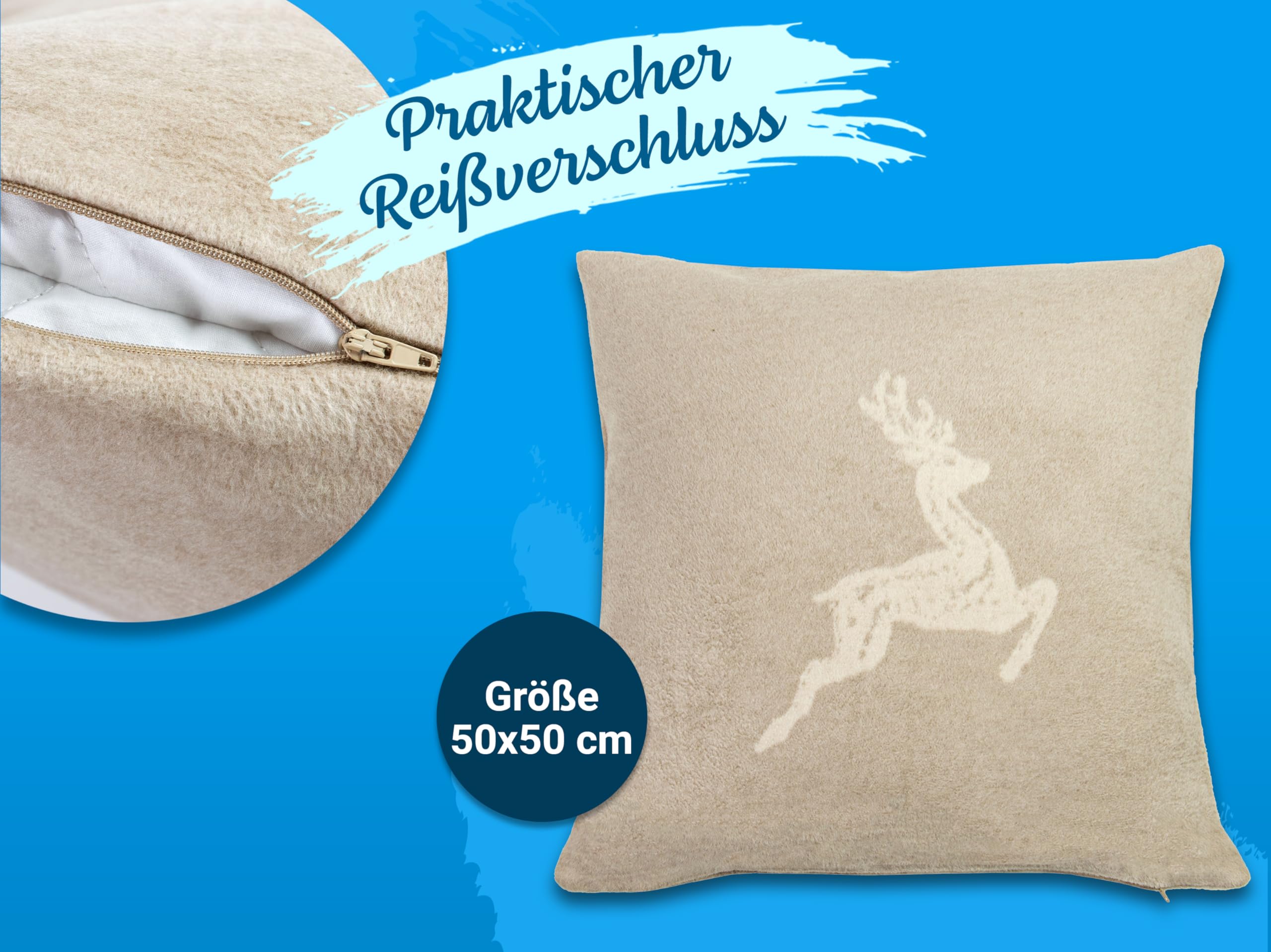 ZOLLNER 2er Set aus Kissen und Kissenbezüge in 50x50 cm - Flauschige und weiche Kissenhüllen in Taupe - Trendige Hirscheinwebung in Taupe - Mischgewebe - waschbar bis 40°C – Oeko Tex® Zertifiziert