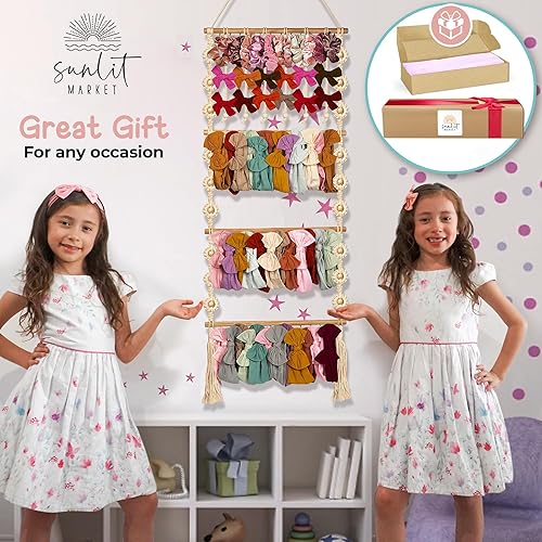 Miniatura 7 de Soporte para diadema  Soporte para lazo para bebé niña  Organizador de lazo de macramé para bebé niña con 48 ganchos de metal, 6 eslingas y cuentas