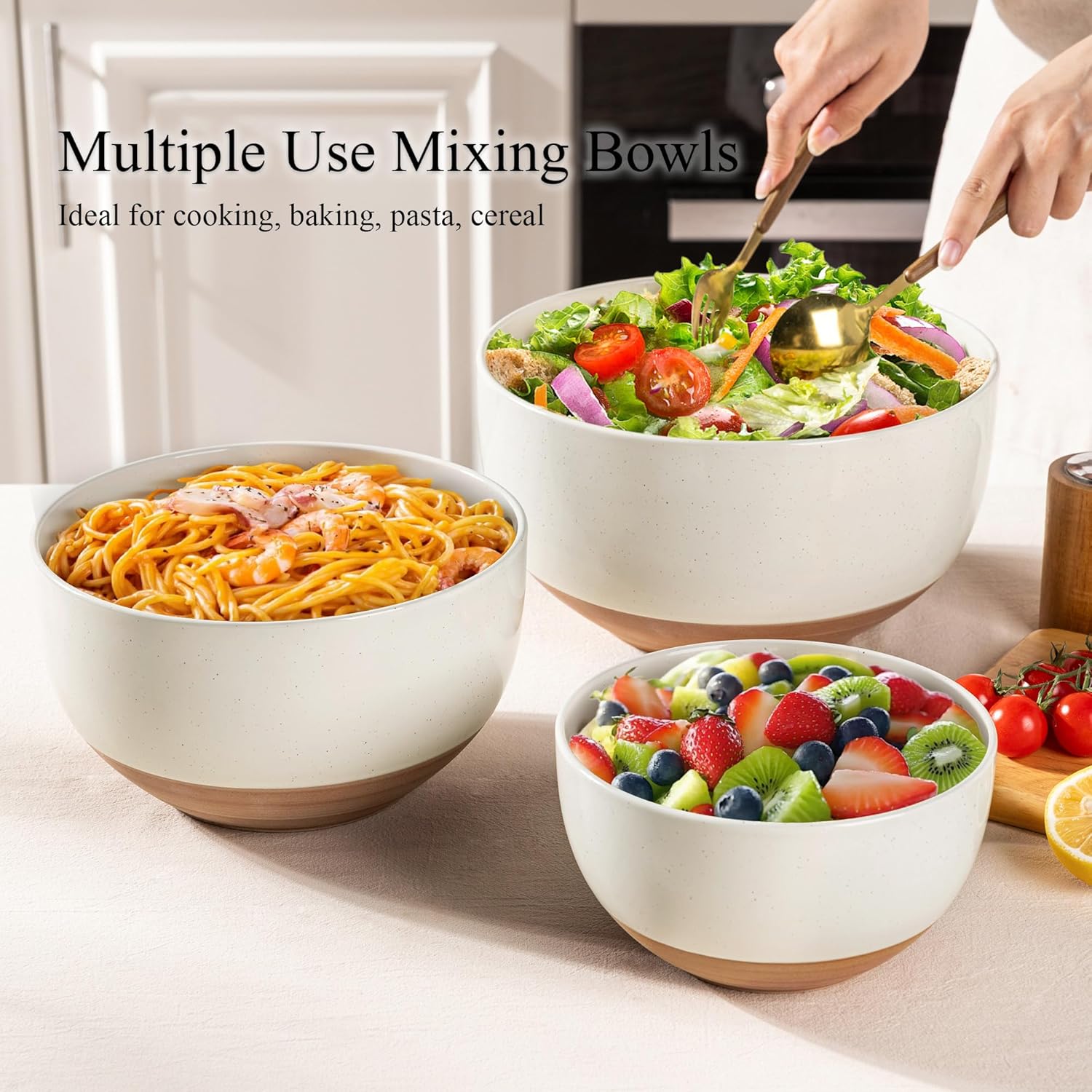 AmorArc Ceramic Mixing Bowls|Nesting Bowls Set of 3 for Kitchen|Stoneware Serving Bowls with Rustic Terracotta Underside for Mixing,Cooking,Baking,Salad| Microwave & Dishwasher Safe 4.6/2.8/1.3 Qt