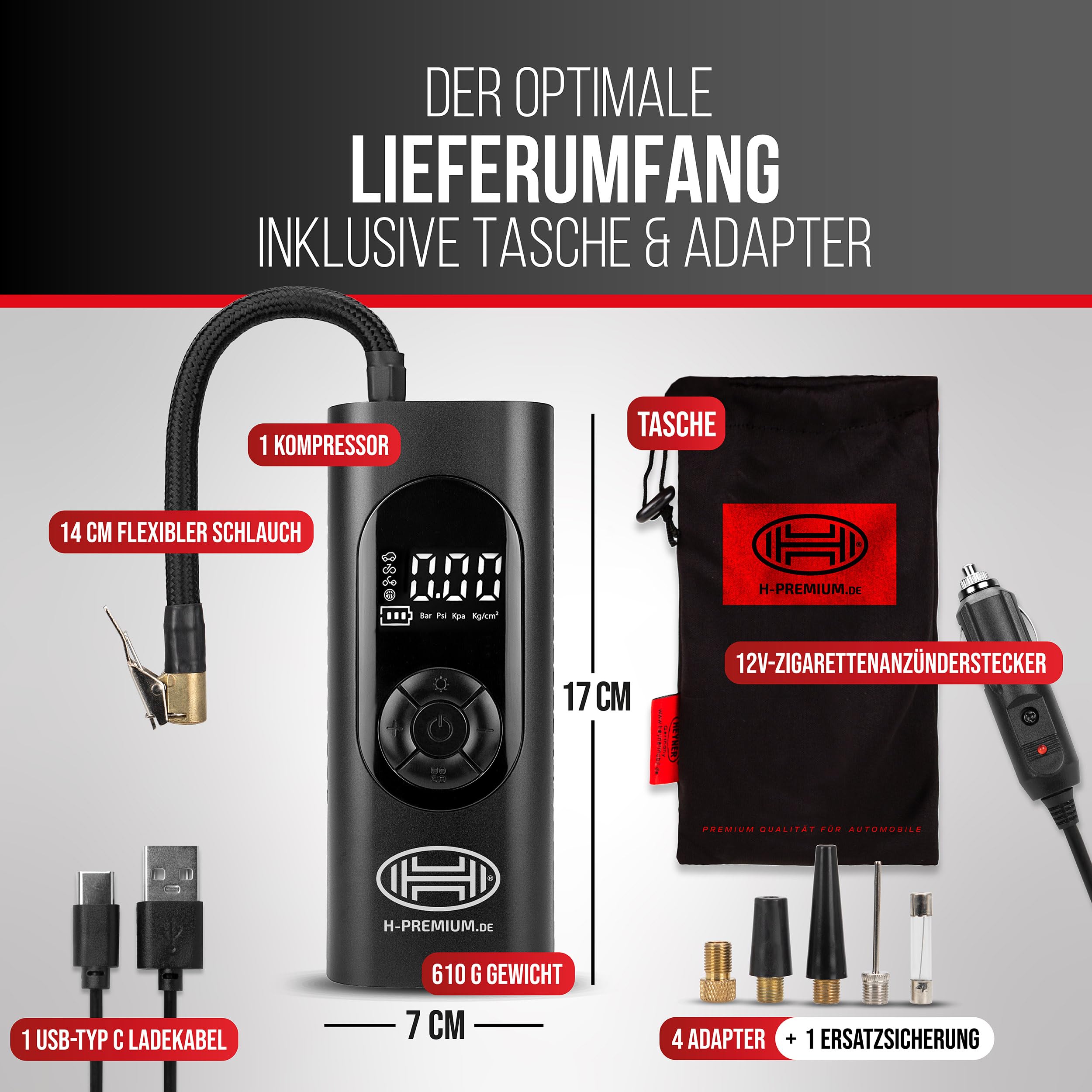 HEYNER® Luftkompressor mit 6000 mAh Akku, 10 bar, Auto-Stopp, LCD-Anzeige | Livebetrieb über 12 V am Fahrzeug, Powerbank mit 5 V / 2 A, LED-Licht mit SOS-Signal, Für Auto, Motorrad, Fahrrad und Camping