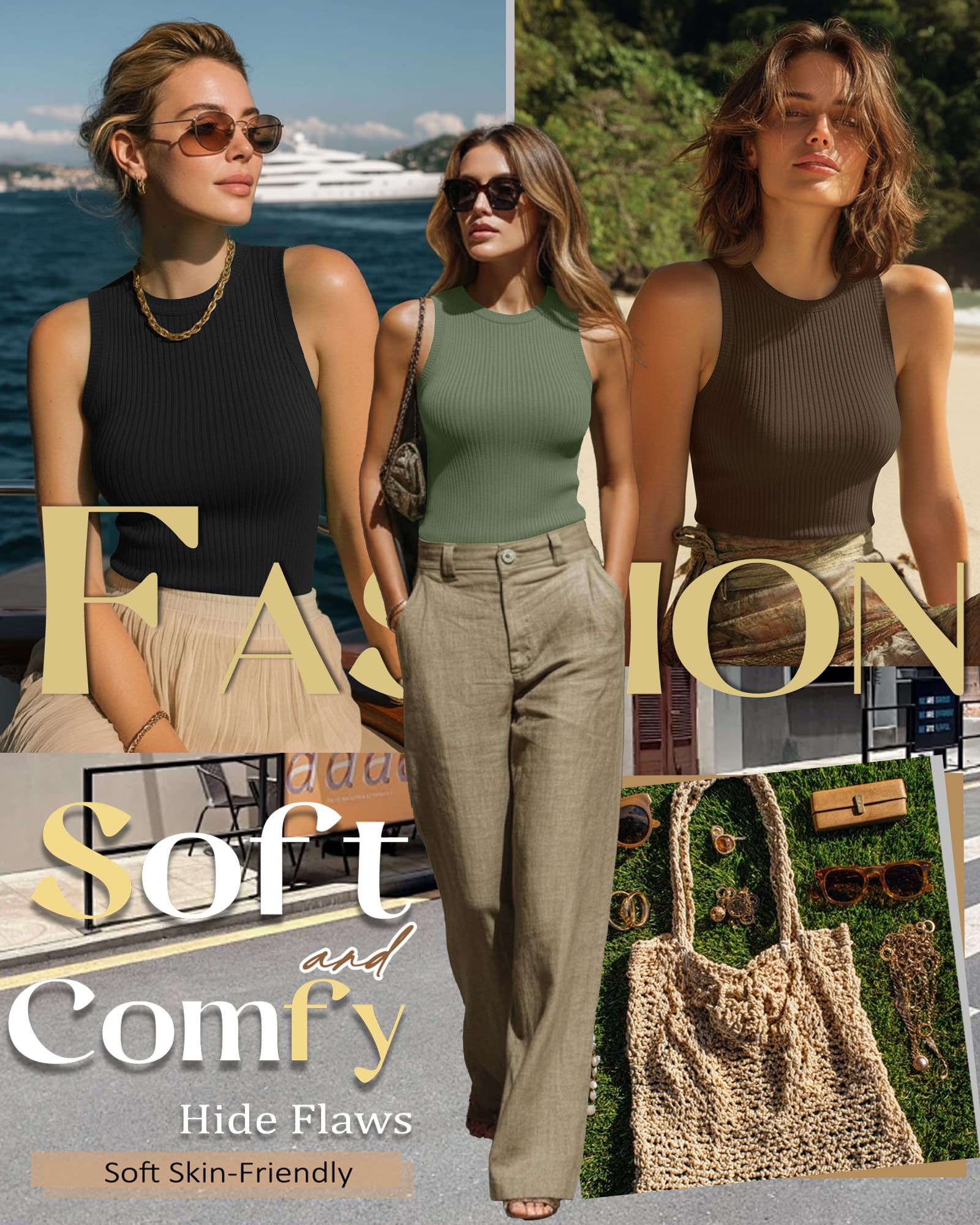 Xuniea Confezione da 3 Canotte da Donna a Costine, Girocollo, Senza Maniche, in Maglia di Cotone, vestibilità Slim, Modello