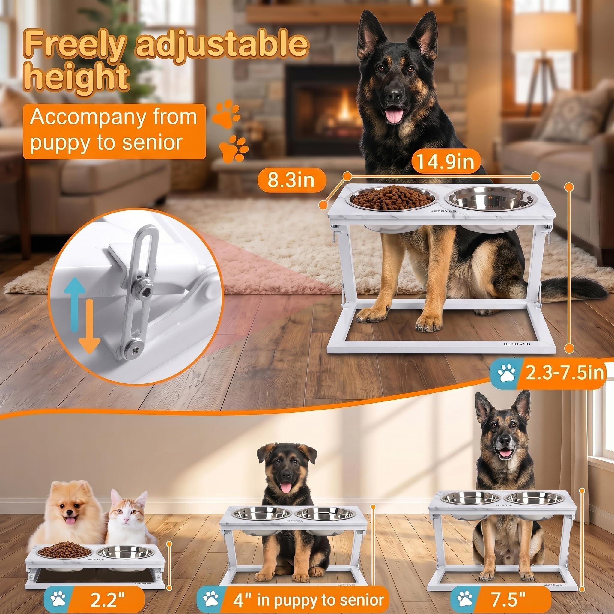 Erhöhter Hundenapf, verstellbarer erhöhter Hundenapfständer mit 2 Edelstahl-Futternäpfen, 20° geneigte Wassernäpfe für kleine Hunde und Katzen (Kunstmarmor (weiß), Größe S